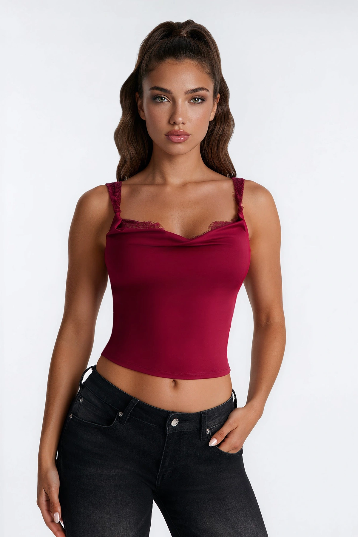Janet Lace Trim Cowl Tank Top - Burgundy — Bordô