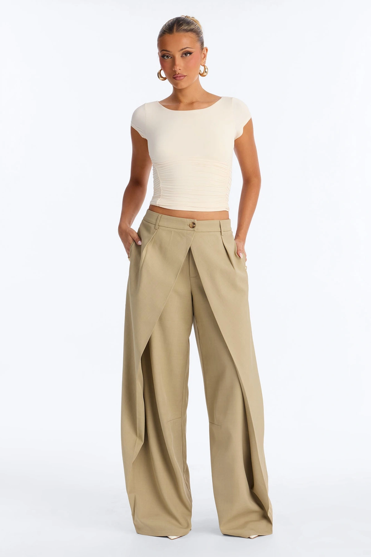 Margaret Solid Wide Leg Front Wrap Trouser Pant - Sage — Verde-sálvia