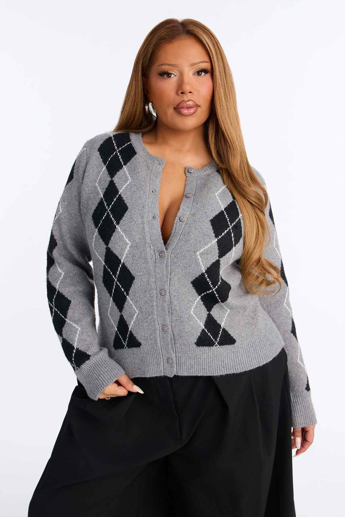 She Reads Argyle Sweater - Grey/combo — Cinzento/combinação