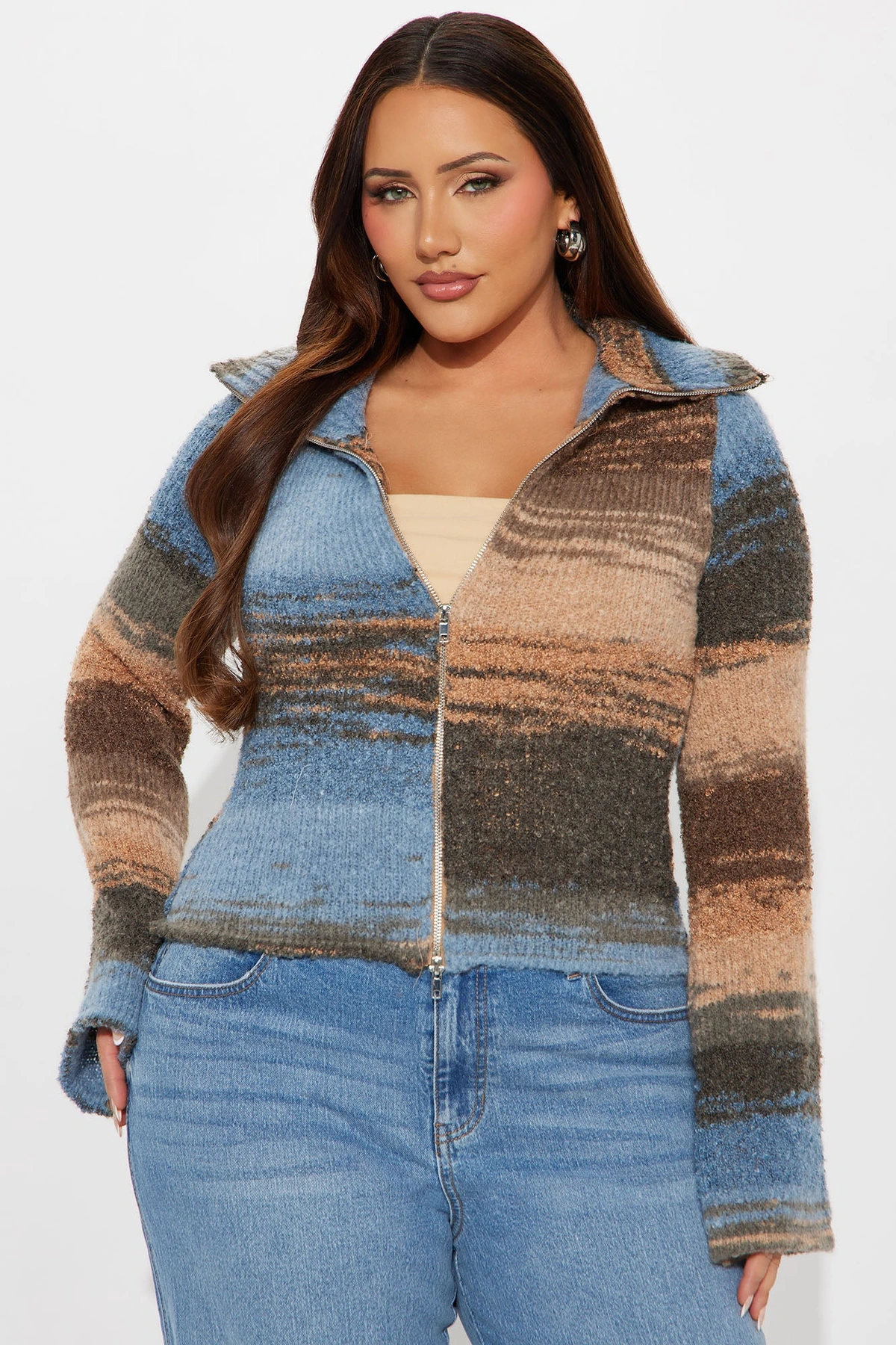 Take Your Time Front Zip Sweater - Blue/combo — Azul/combinação