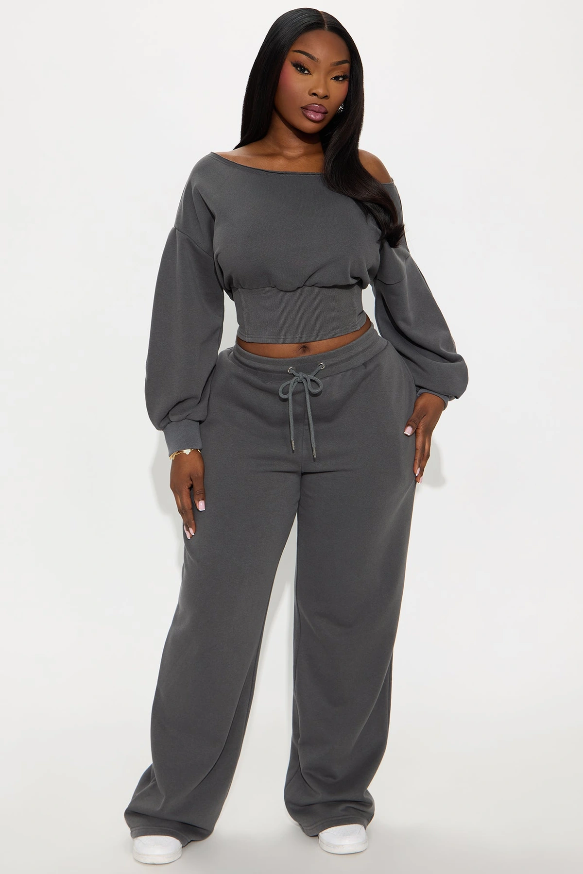 Come Find Me Washed Fleece Mix Pant Set - Charcoal — Cinzento-escuro