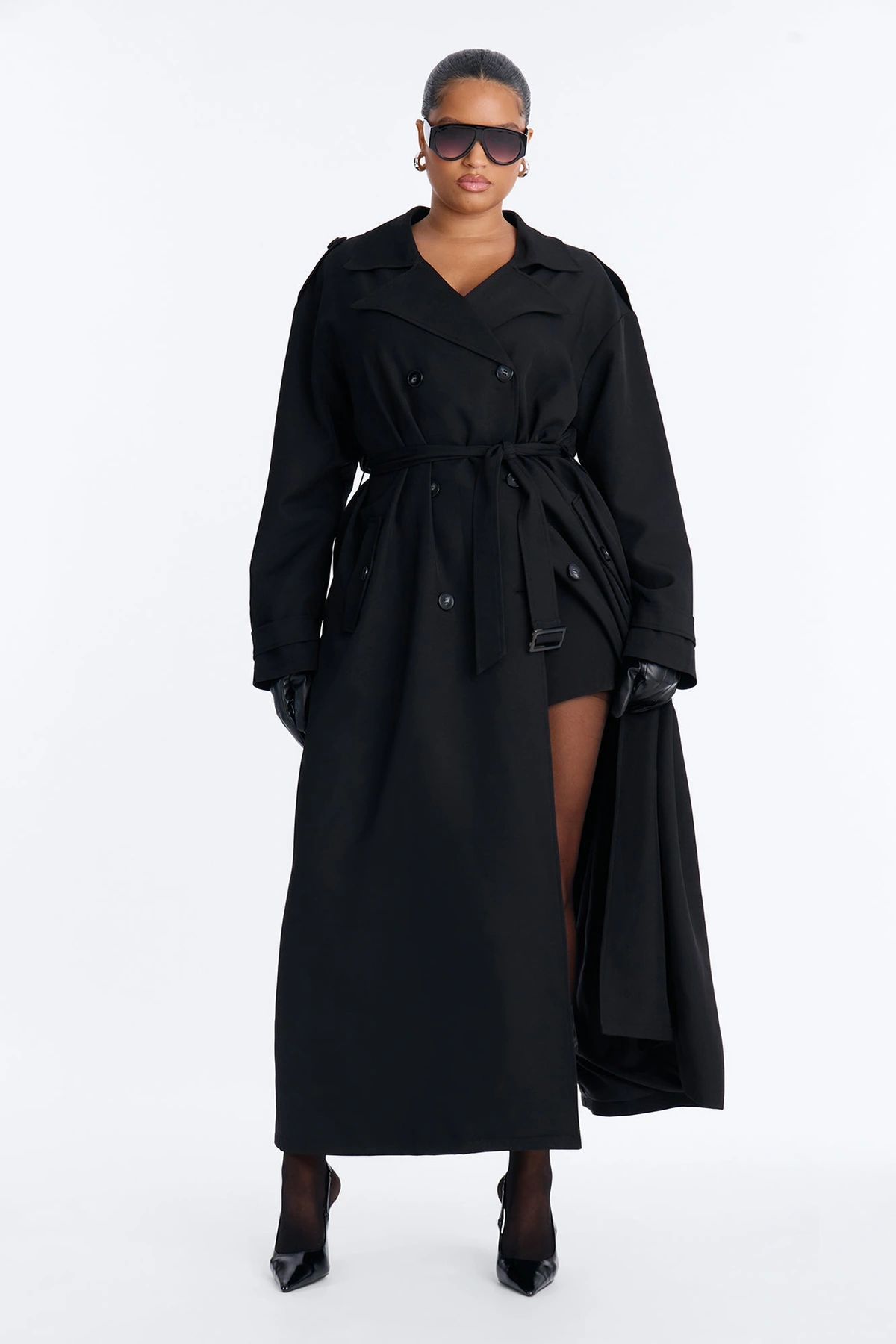 Elorea Belted Solid Trench Coat - Black — Preto