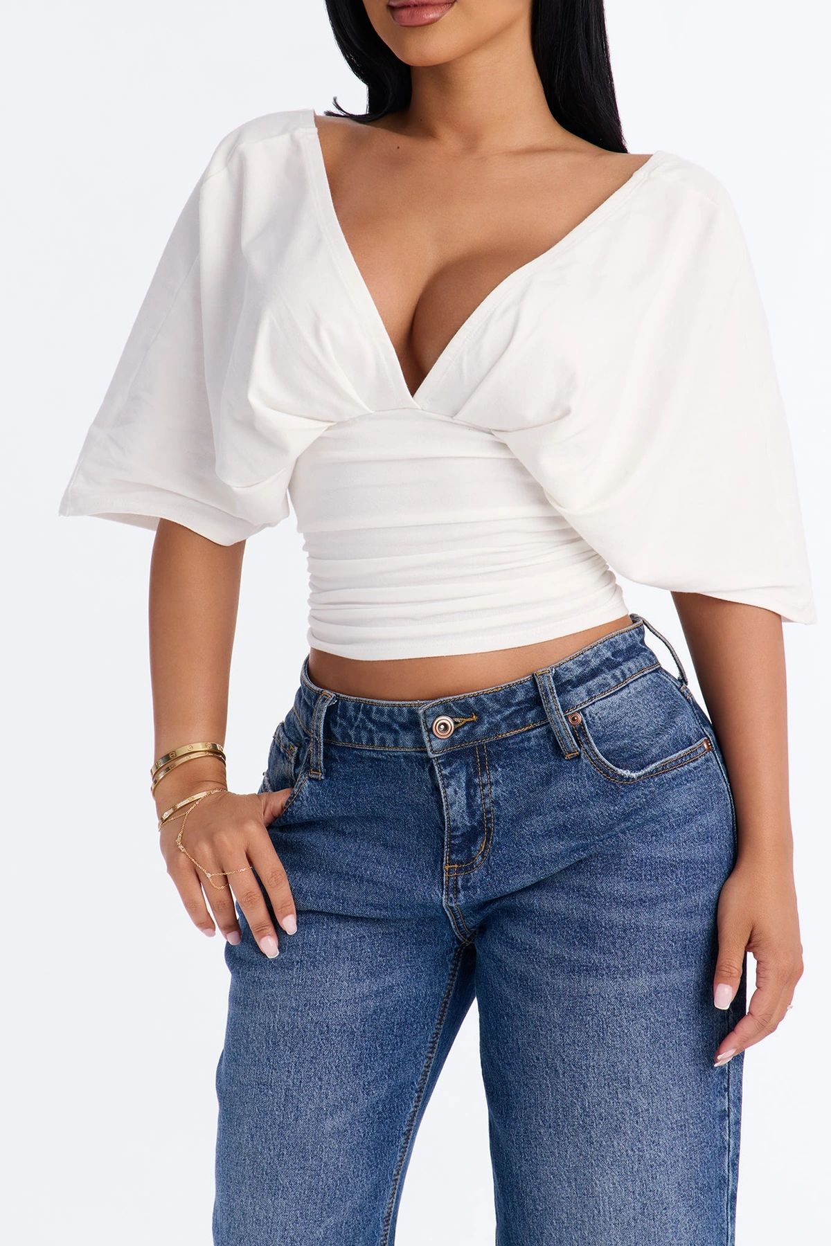 Taylor Cinched Waist Ruched Short Sleeve Top - White — Branco