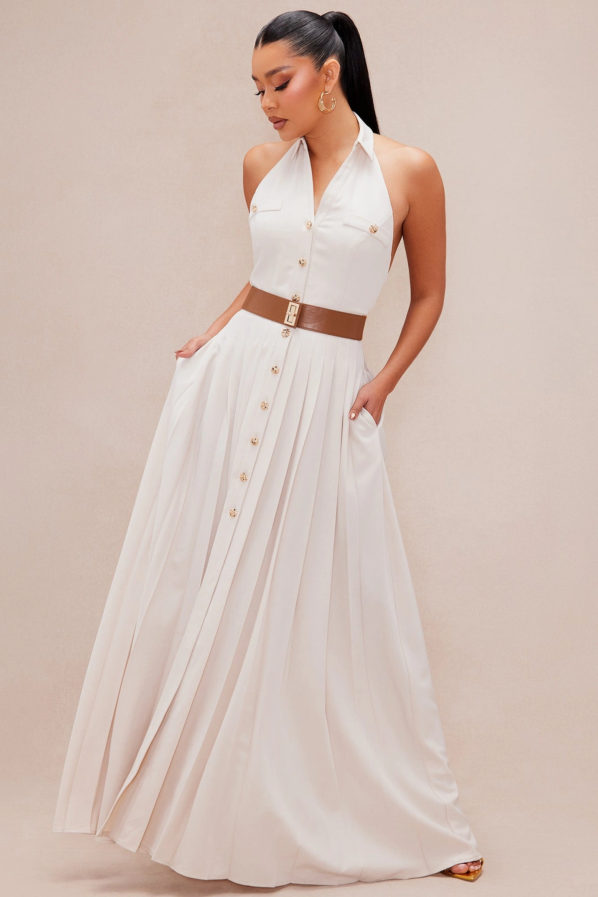 Maya Pleated Maxi Dress - Beige — Bege