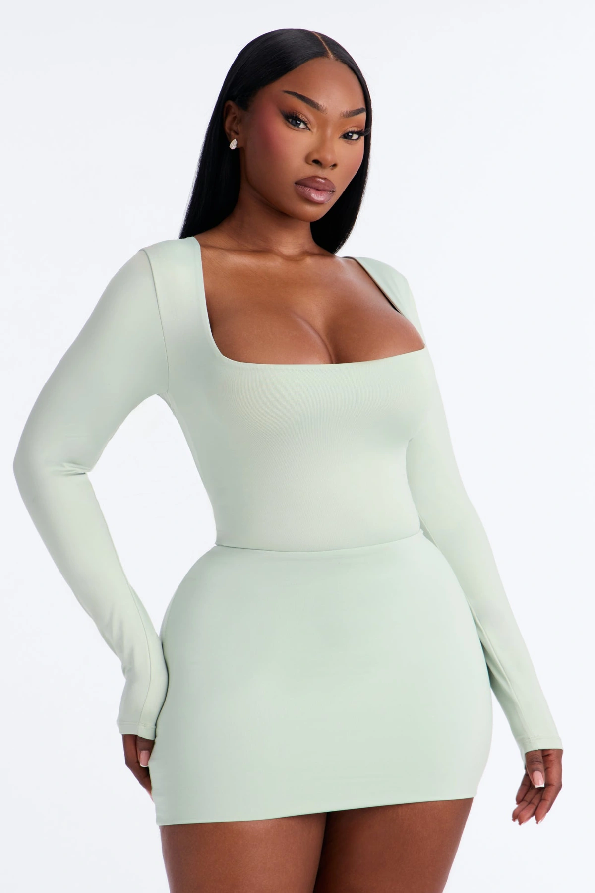 Contour Double Lined Long Sleeve Square Neck Bodysuit - Mint — Verde-menta