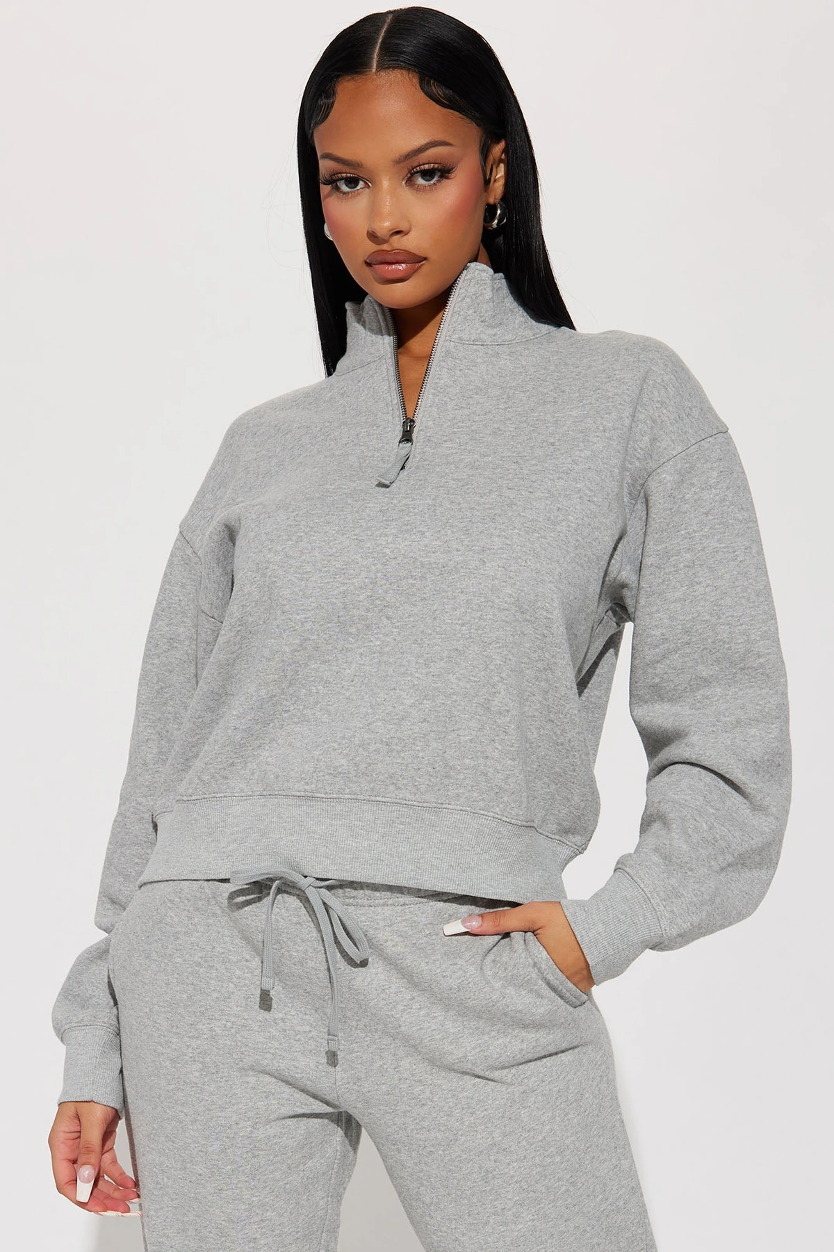 On My Own Half Zip Sweatsuit - Heather Grey — Cinzento mesclado