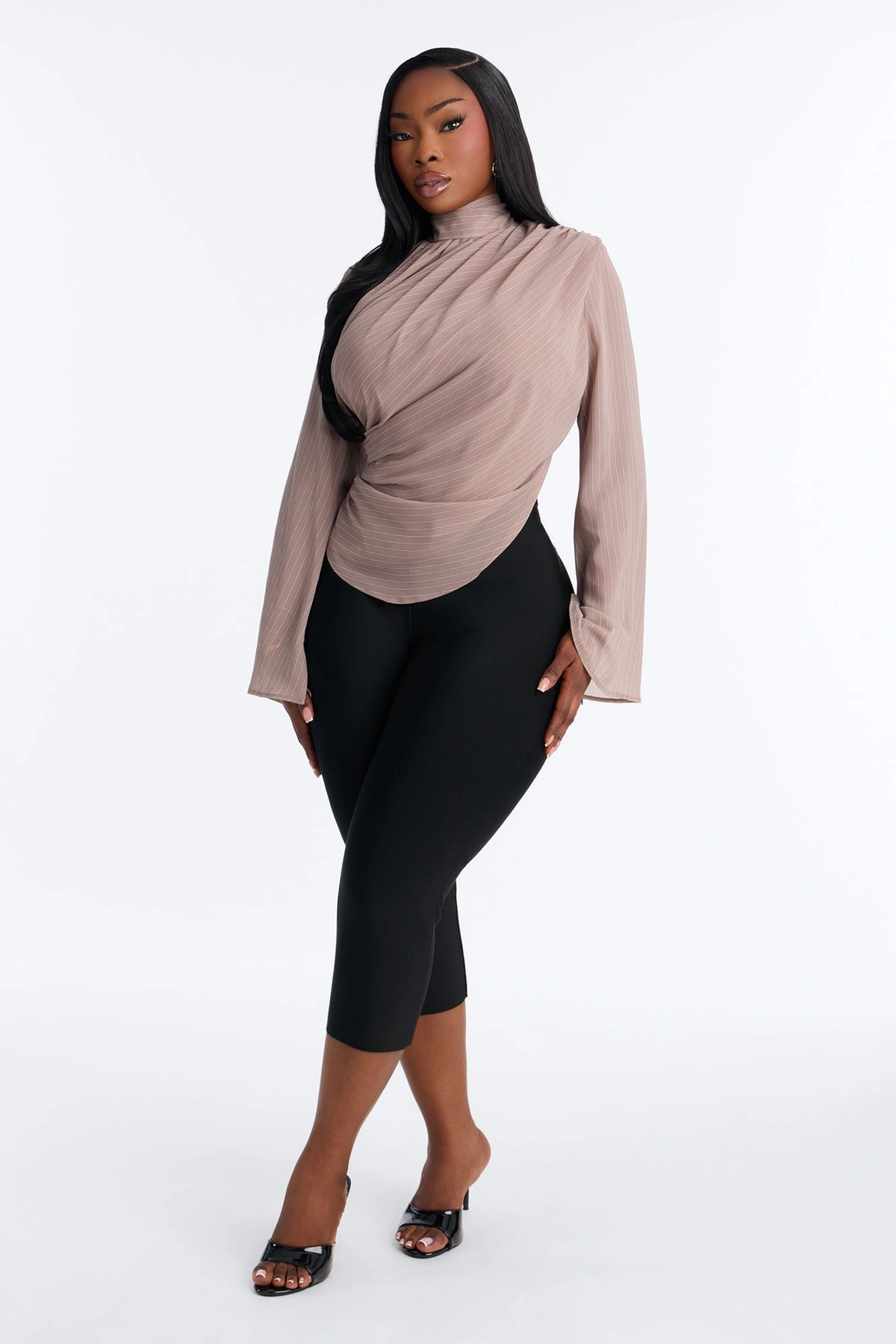 Controlled Desires Striped Long Sleeve Blouse - Taupe/combo — Bege acinzentado/combinação