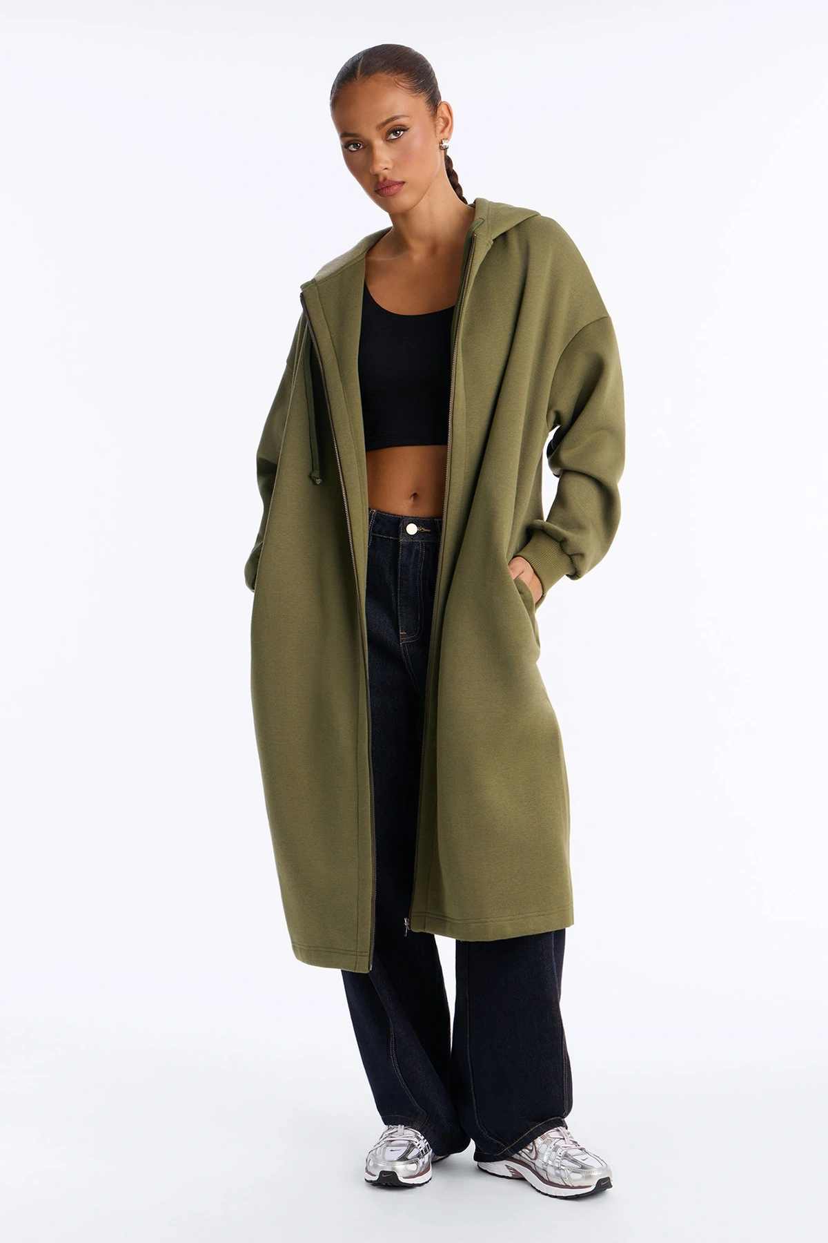Sunday Lounge Fleece Hooded Long Jacket - Olive — Verde-azeitona