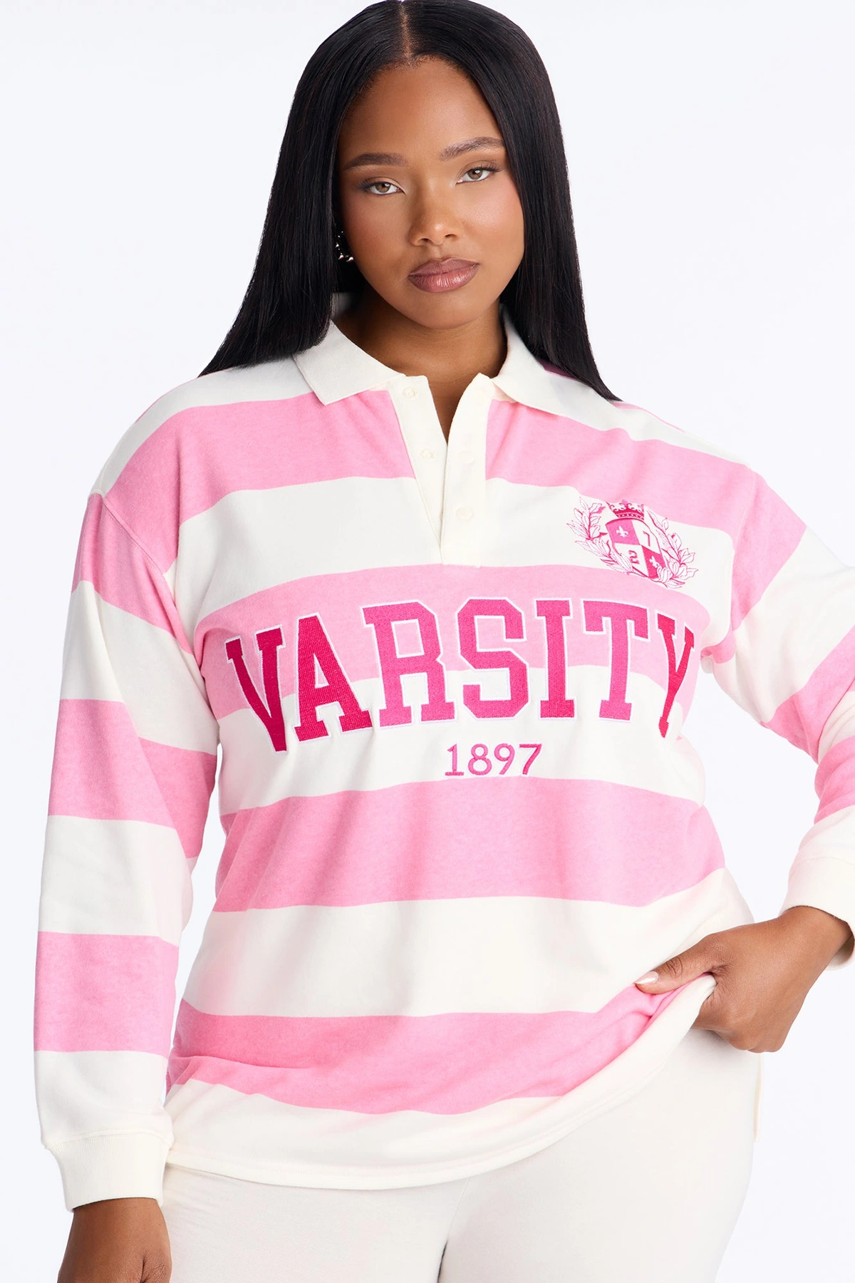 Varsity Striped Long Sleeve Polo - Pink — Rosa