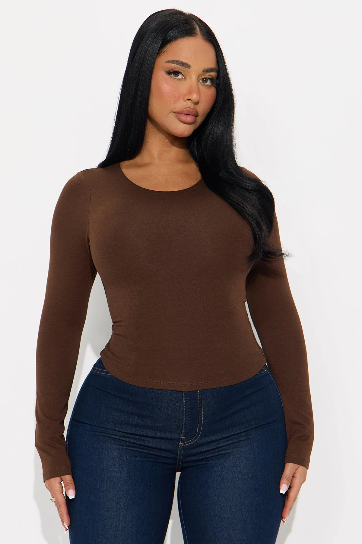 Gianna Double Lined Long Sleeve Top - Brown — Castanho
