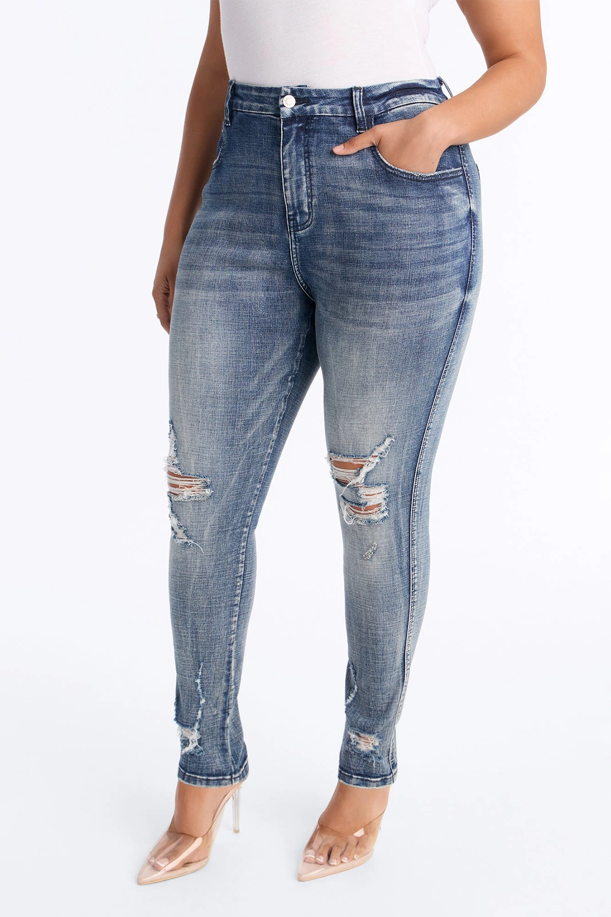 Long Story Short Ripped Sculpting Stretch Skinny Jeans - Medium Wash — Ganga de lavagem média