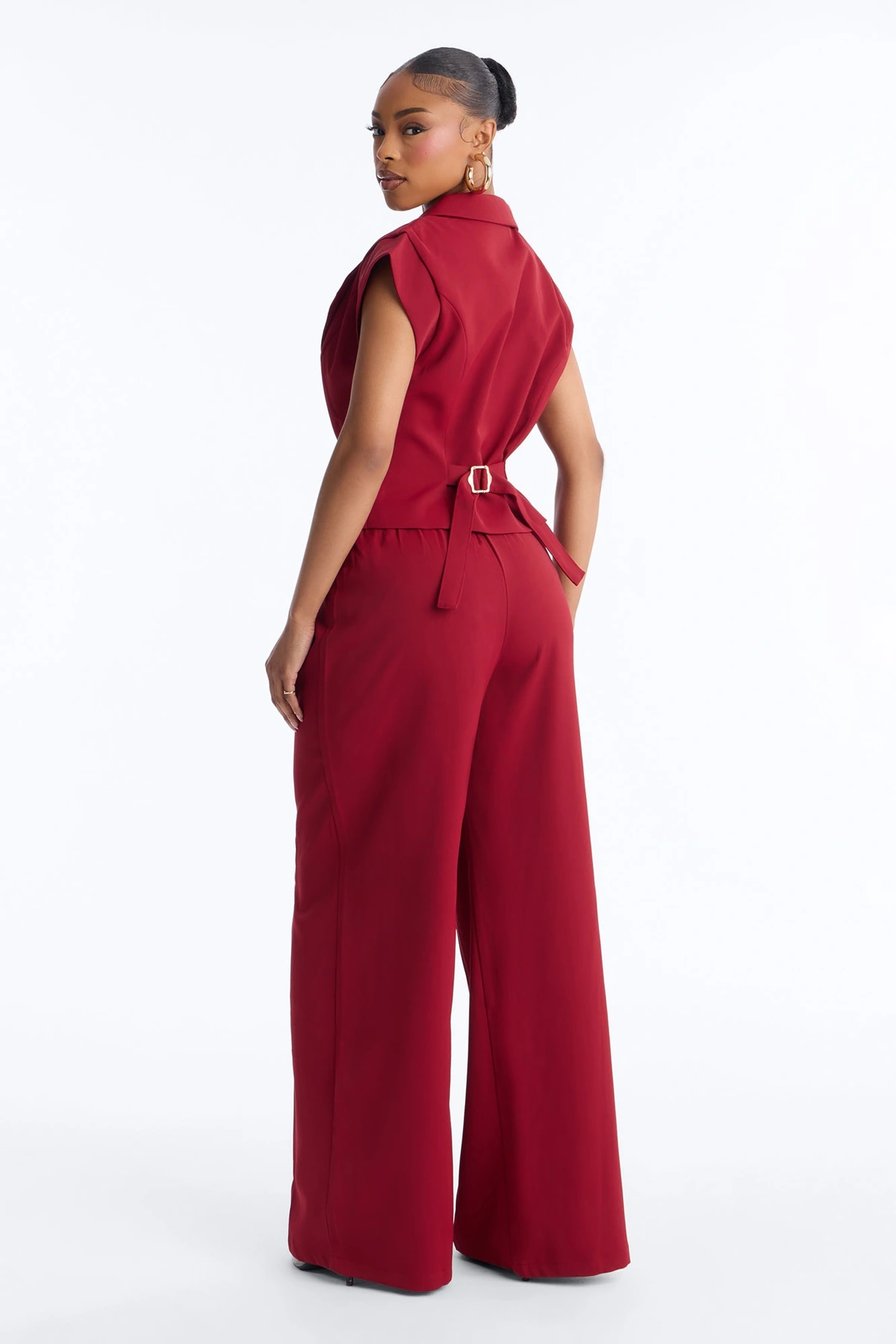 Feeling Polished Cinched Vest Pant Set - Burgundy — Bordô