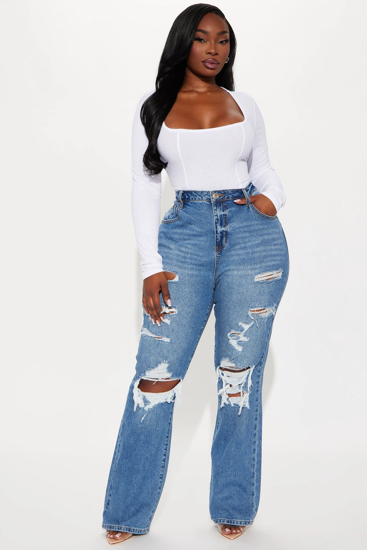 Posted Stretch Ripped Straight Leg Jeans - Medium Wash — Ganga de lavagem média