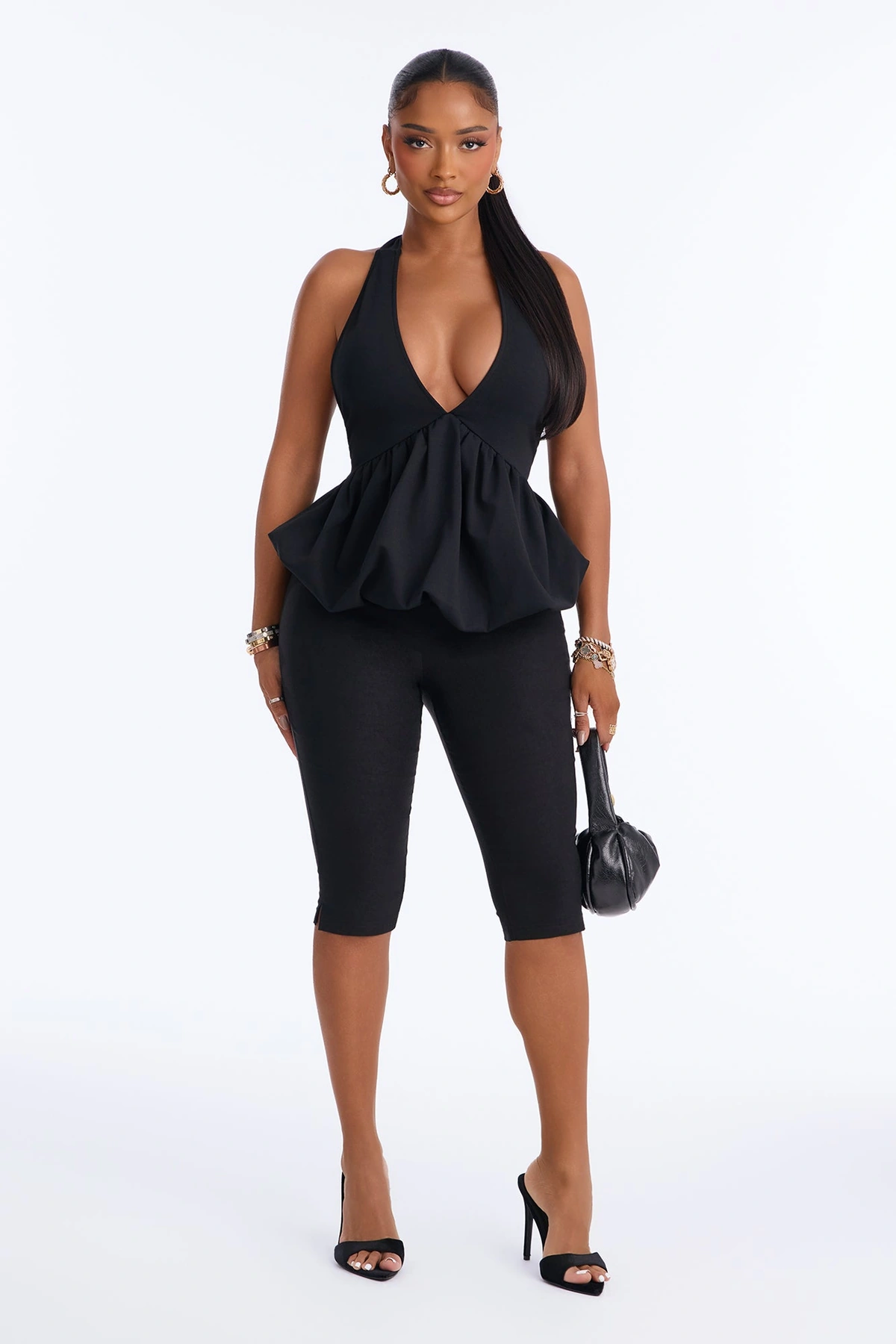 Girl Brunch Bubble Hem Halter Top - Black — Preto