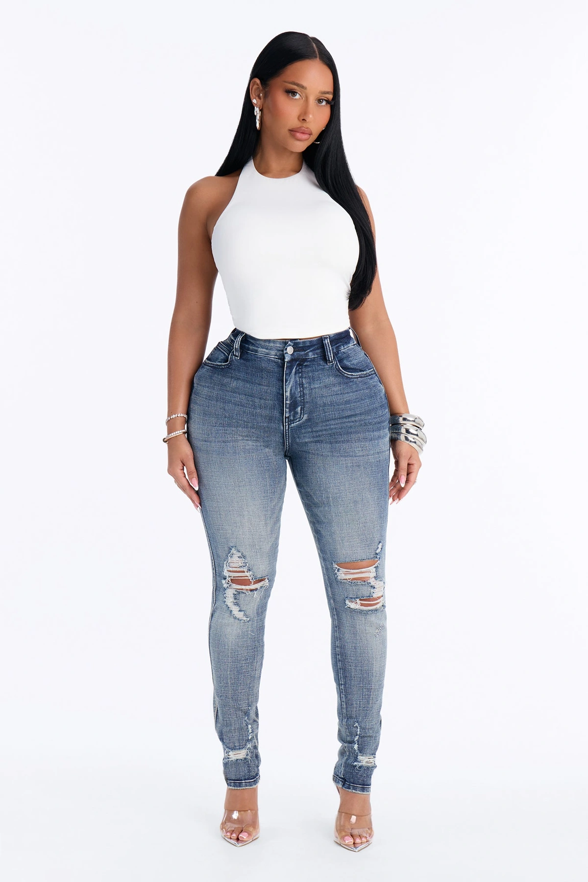 Long Story Short Ripped Sculpting Stretch Skinny Jeans - Medium Wash — Ganga de lavagem média