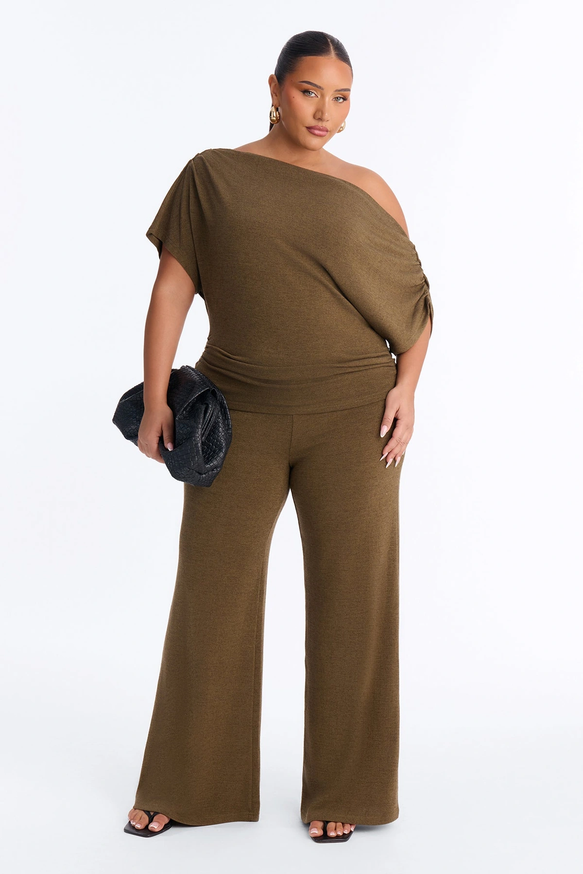 Mariana Knit Off Shoulder Pant Set - Olive — Verde-azeitona