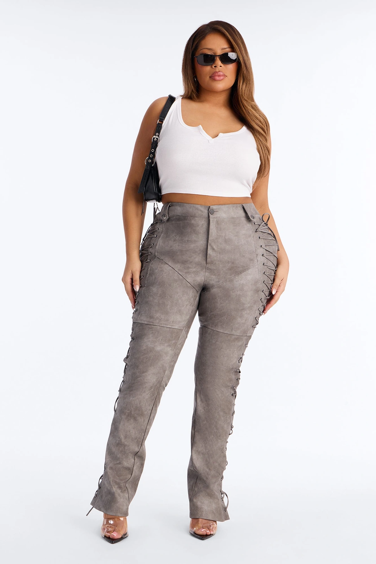 After Hours Faux Leather Lace Up Flare Pant 33″ - Grey — Cinzento