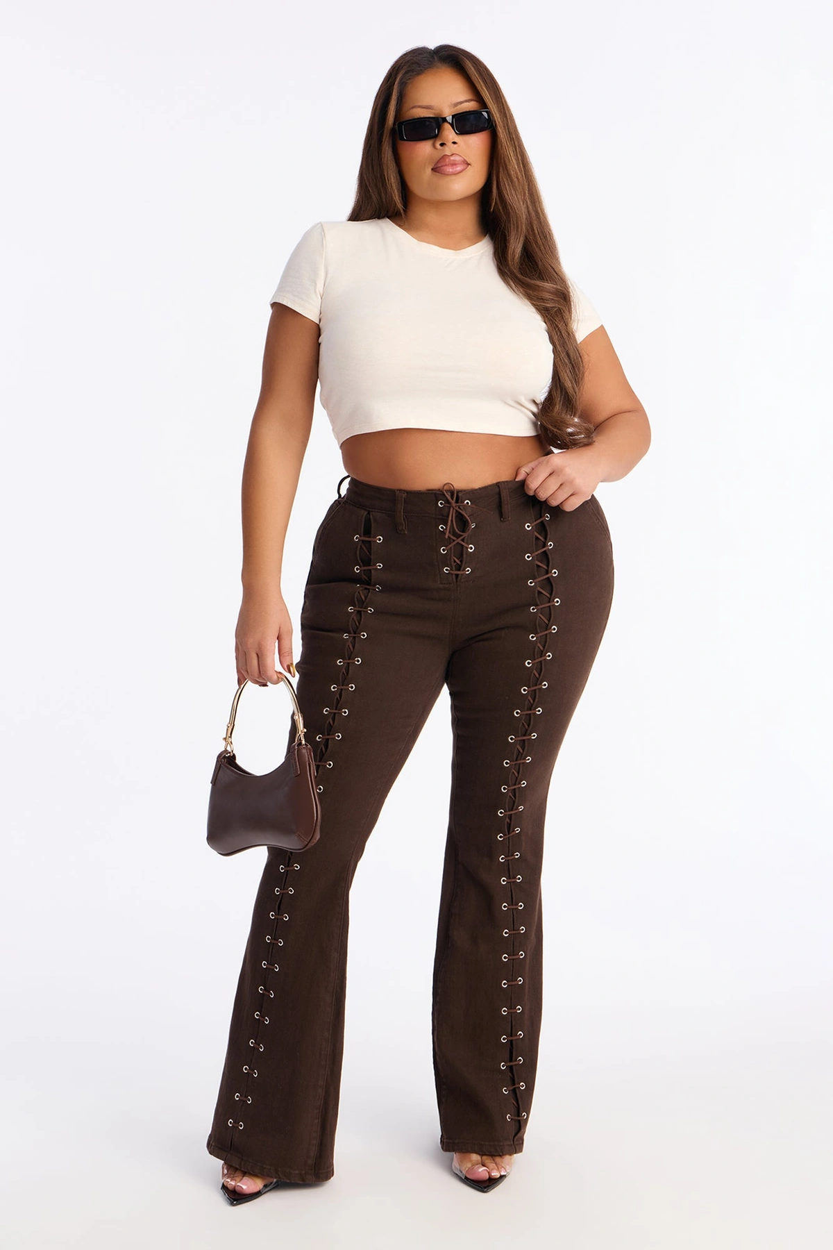 Maddy Lace Up Flare Jeans - Brown — Castanho