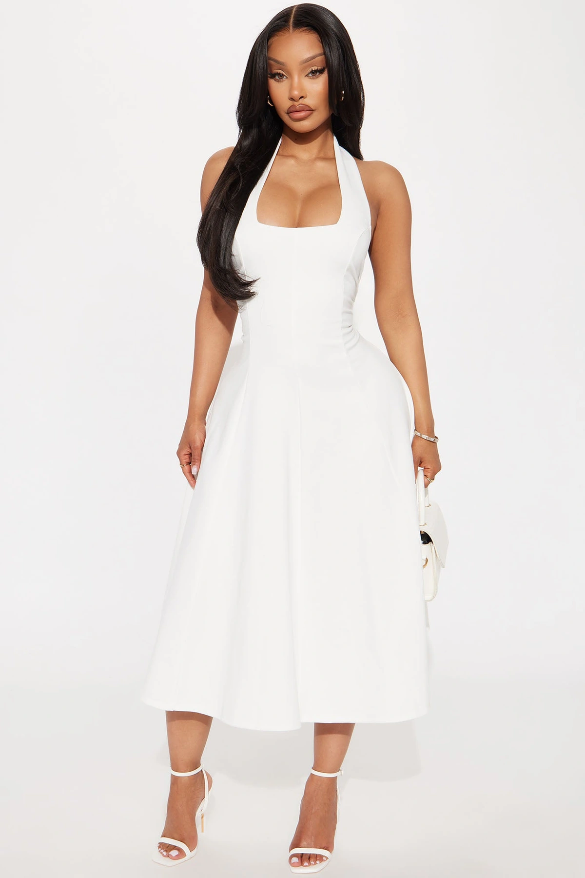 Mabel Ponte Midi Dress - White — Branco
