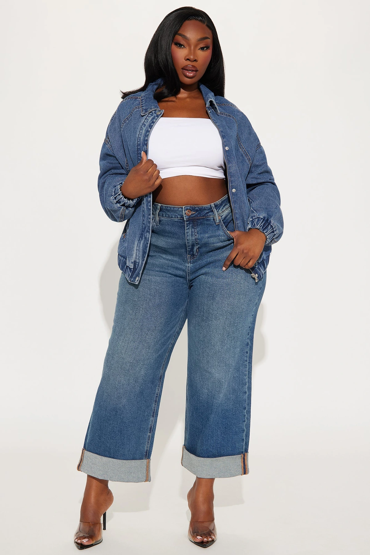 Such Big Talk Denim Bomber Jacket - Dark Wash — Ganga de lavagem escura