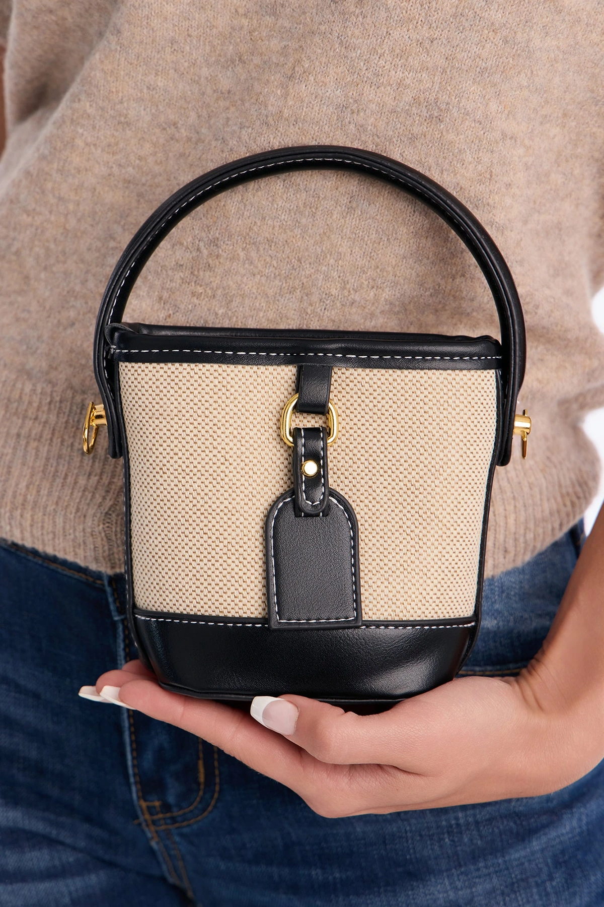 Never Lost Canvas Mini Bucket Satchel Handbag - Black/combo — Preto/combinação