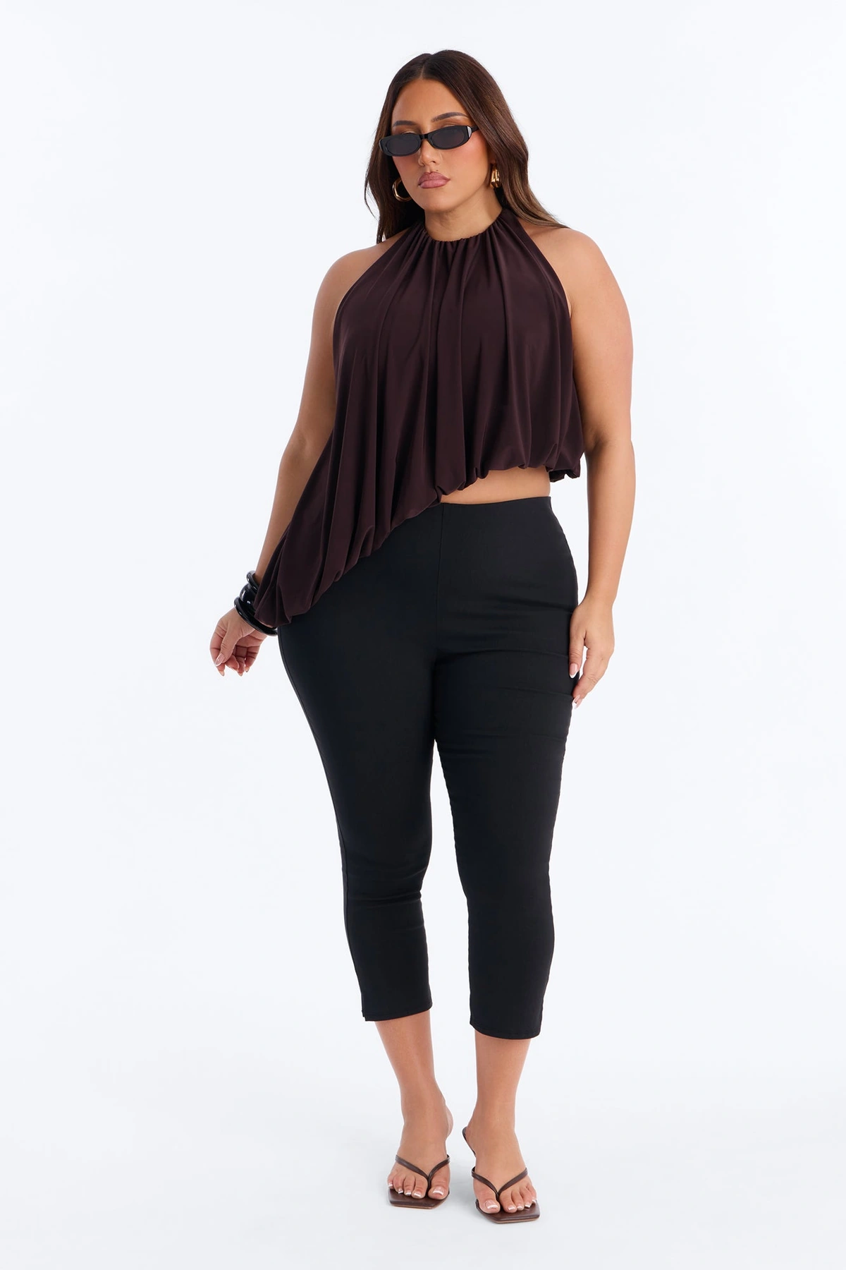 Selena Ruched Asymmetrical Halter Top - Brown — Castanho