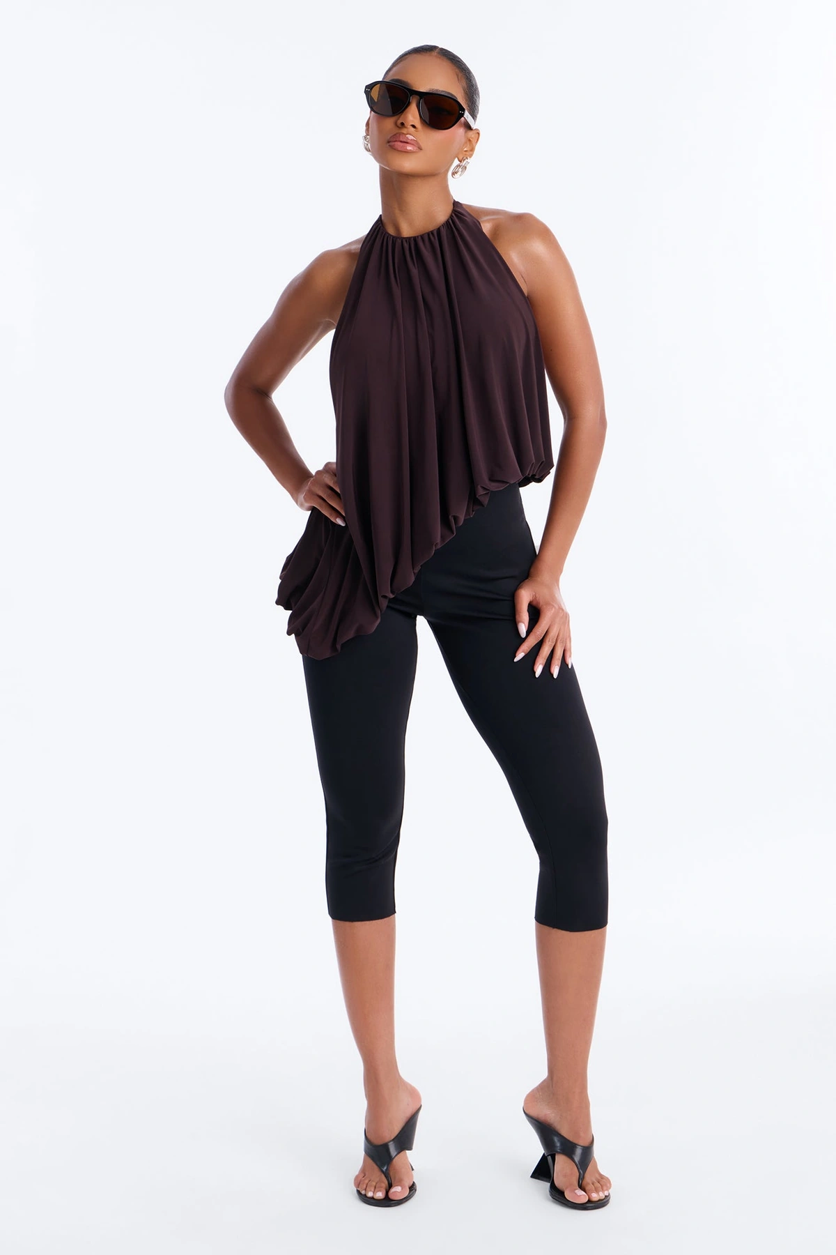 Selena Ruched Asymmetrical Halter Top - Brown — Castanho