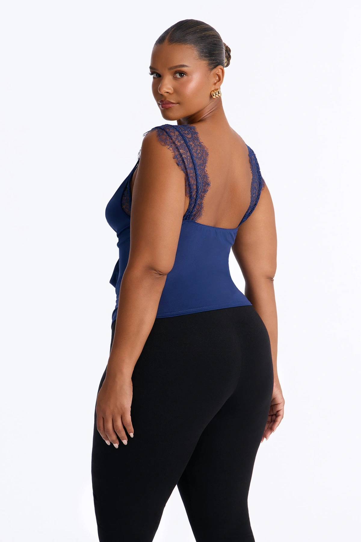 Janet Lace Trim Cowl Tank Top - Navy — Azul-marinho