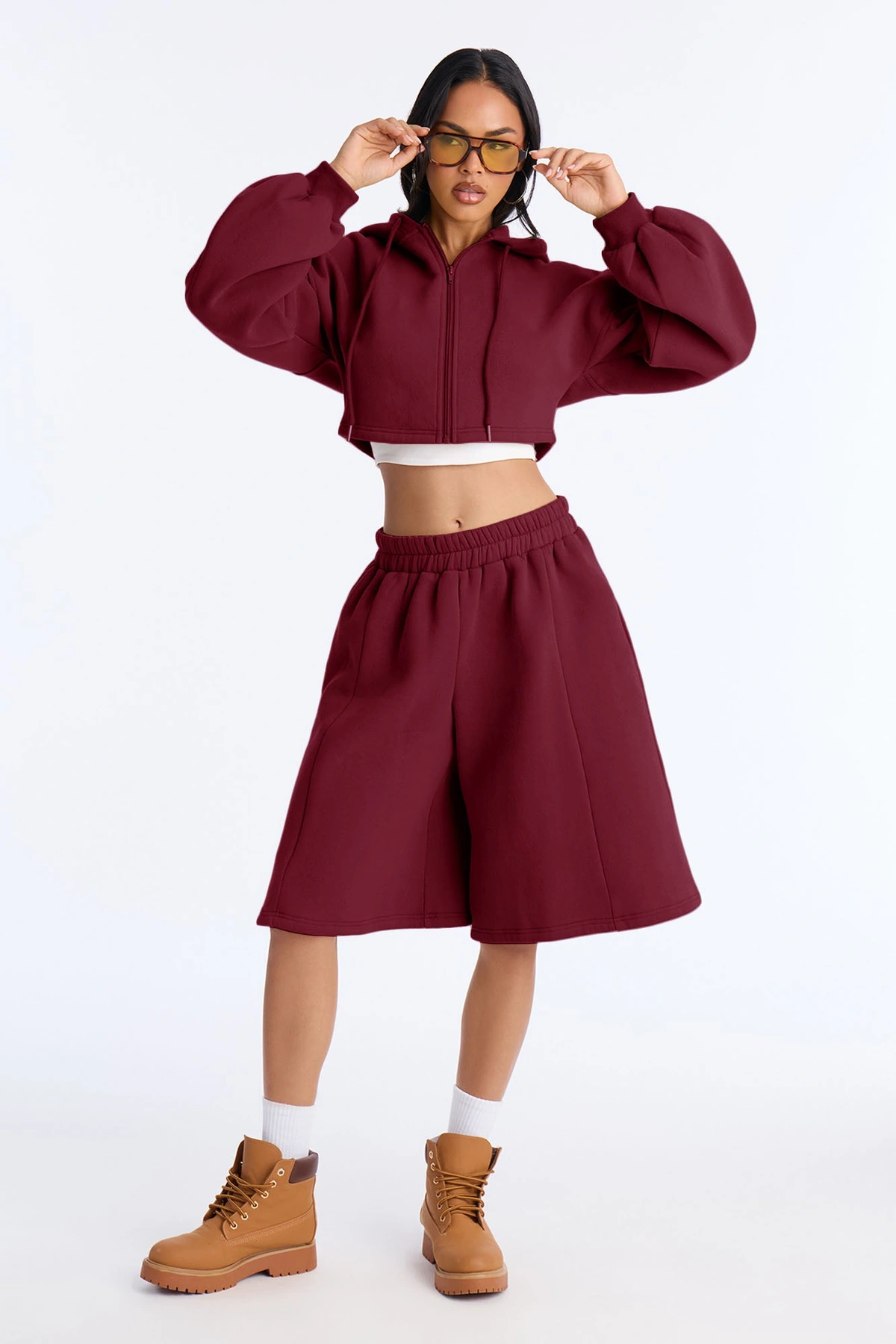 Wake Up Check Fleece Jort Set - Burgundy — Bordô