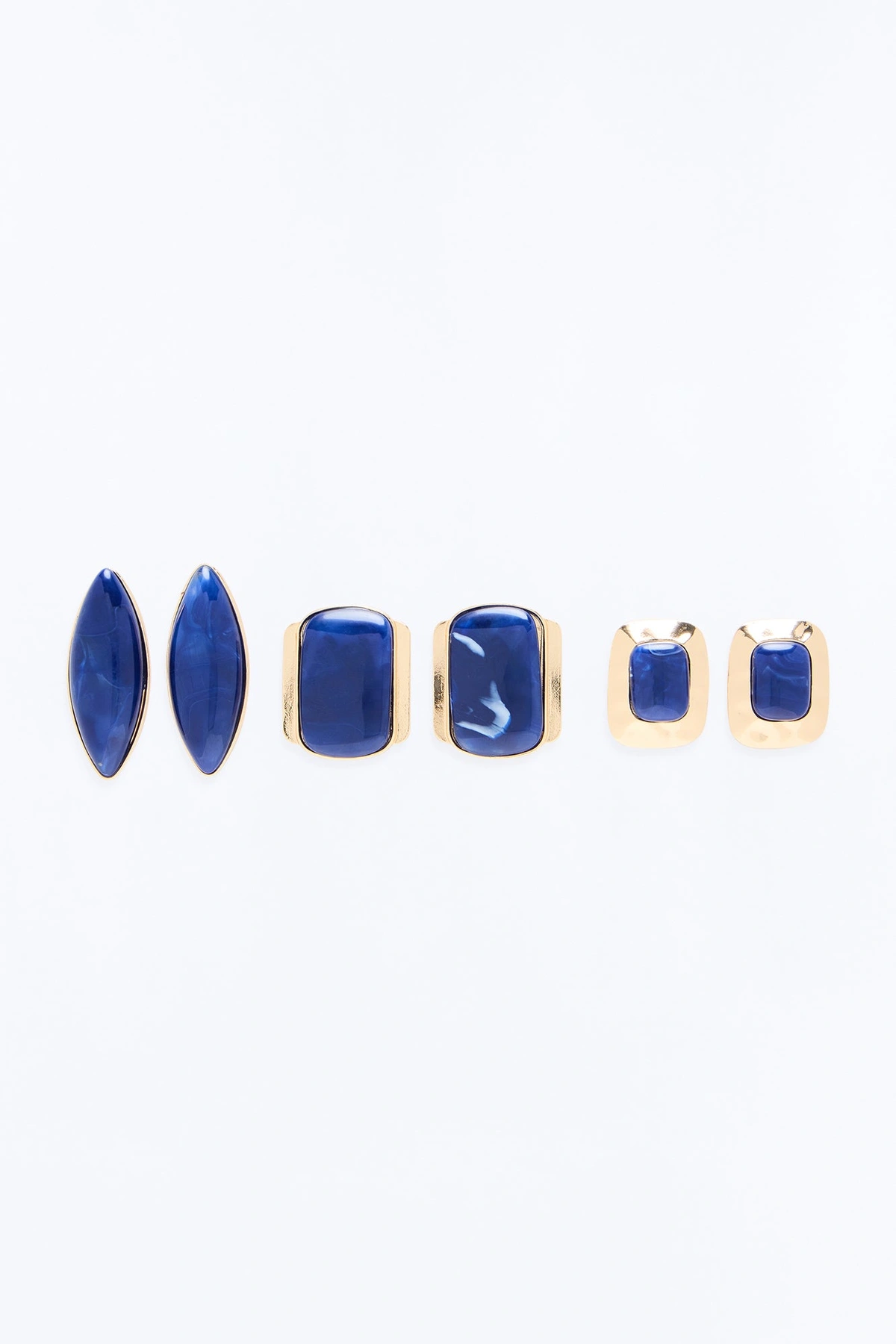 Island Chic Jeweled 3 Pair Multi Earring Set - Gold/Blue — Dourado/Azul