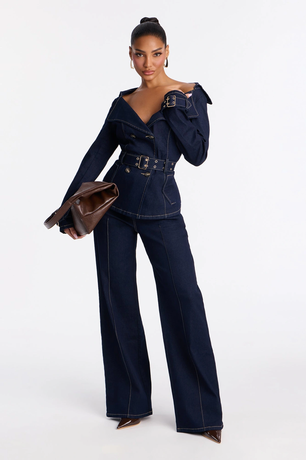 Ellanor Belted Trench Denim Pant Set - Dark Denim — escuro Ganga