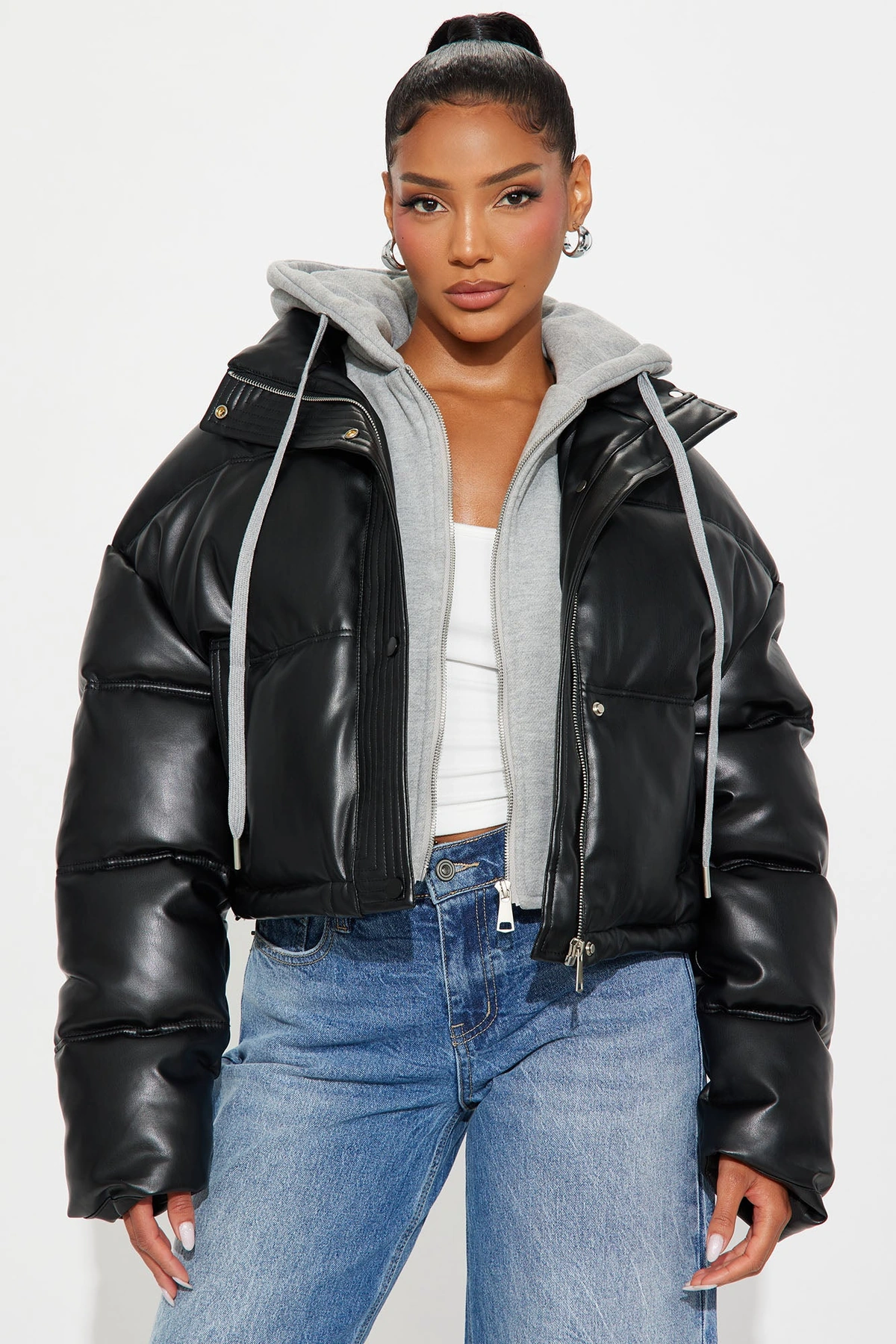 Blake Layered Faux Leather Puffer Jacket - Black/combo — Preto/combinação