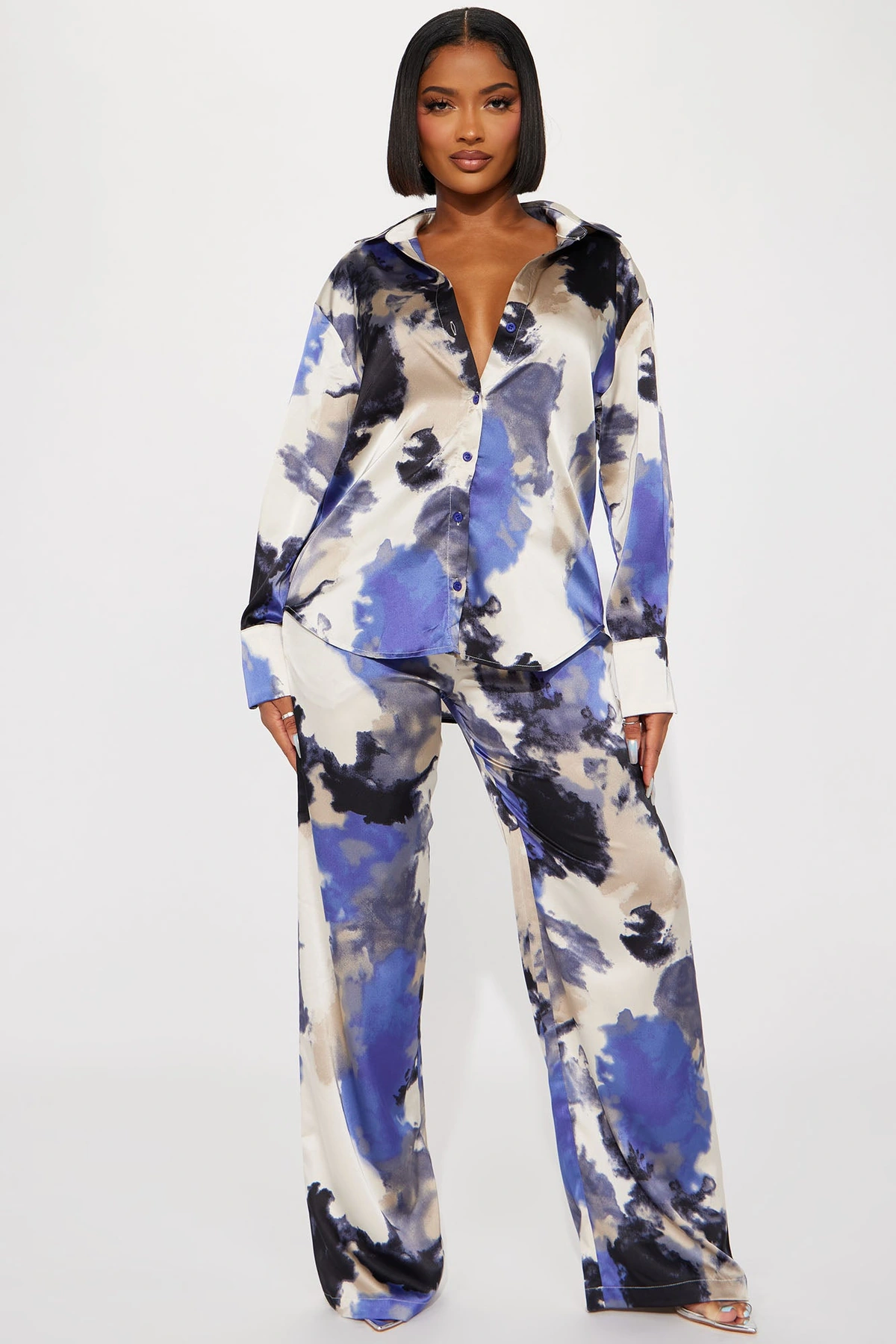 Christina Satin Pant Set - Blue/combo — Azul/combinação