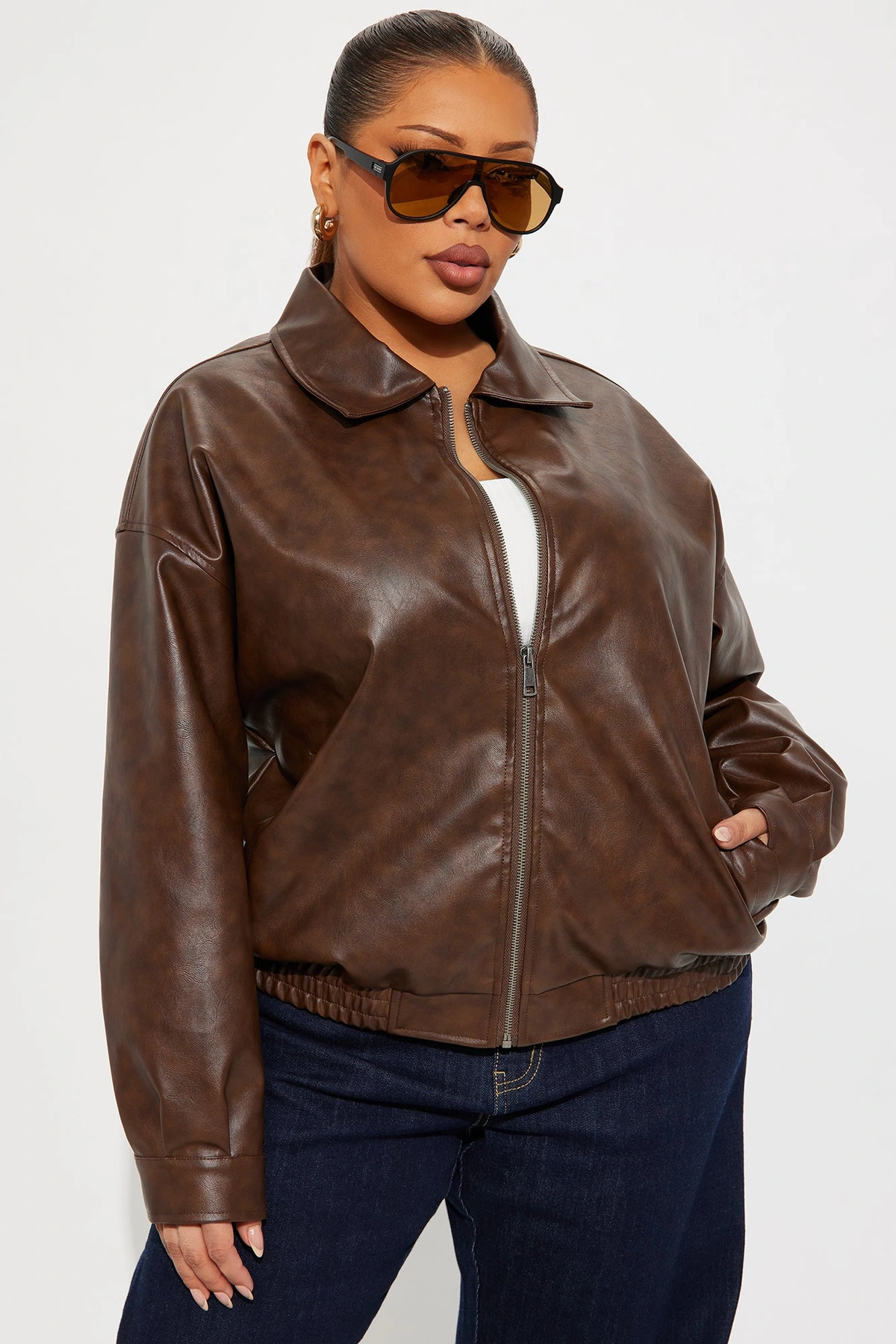 Hustle Mode Oversized Faux Leather Jacket - Chocolate — Chocolate