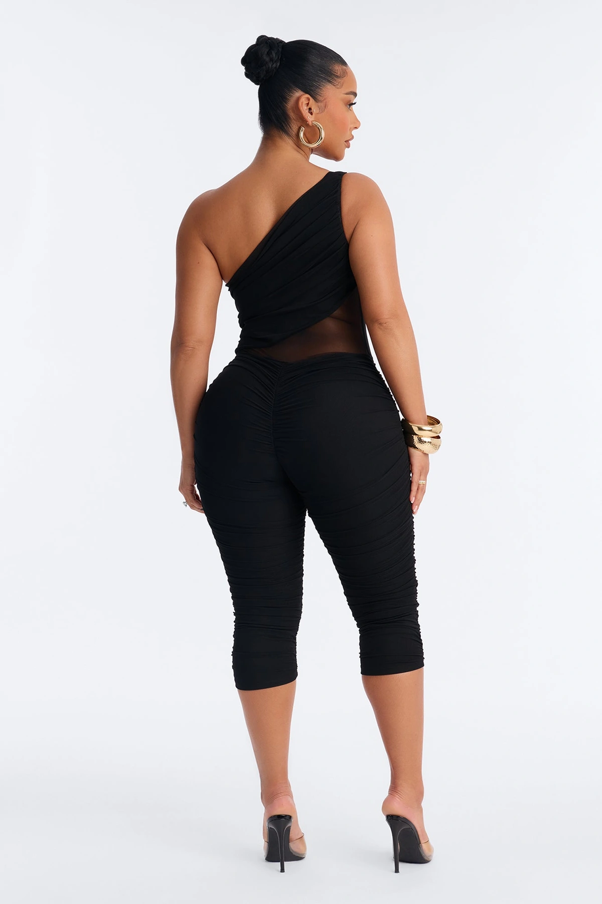 Aria Mesh Cut Out Capri Catsuit - Black — Preto