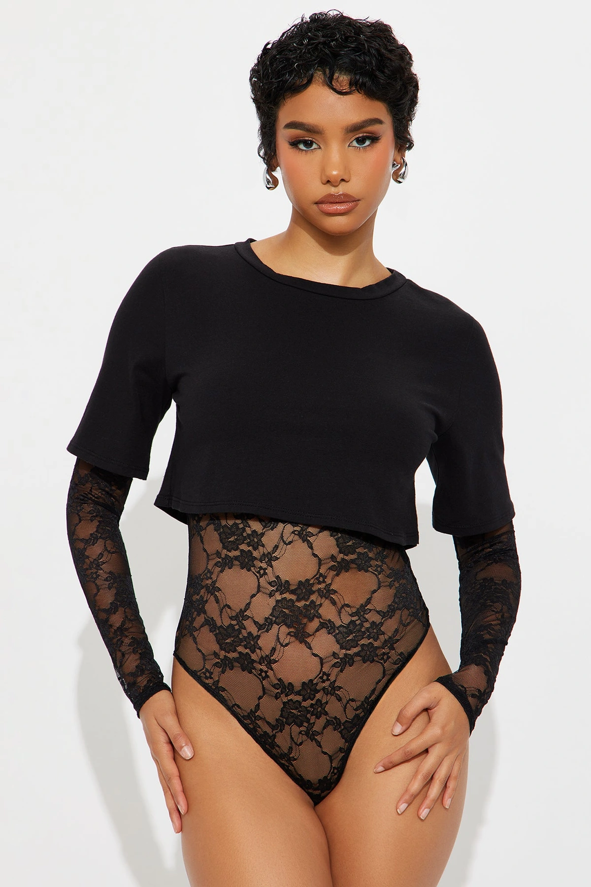 Unmatched Long Sleeve Lace Bodysuit - Black — Preto