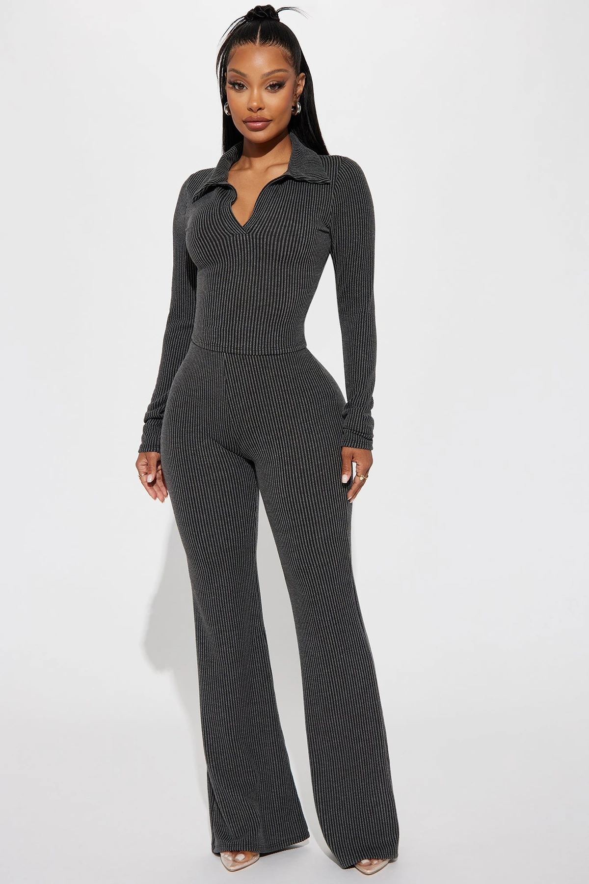 Josie Ribbed Long Sleeve Set - Charcoal — Cinzento-escuro