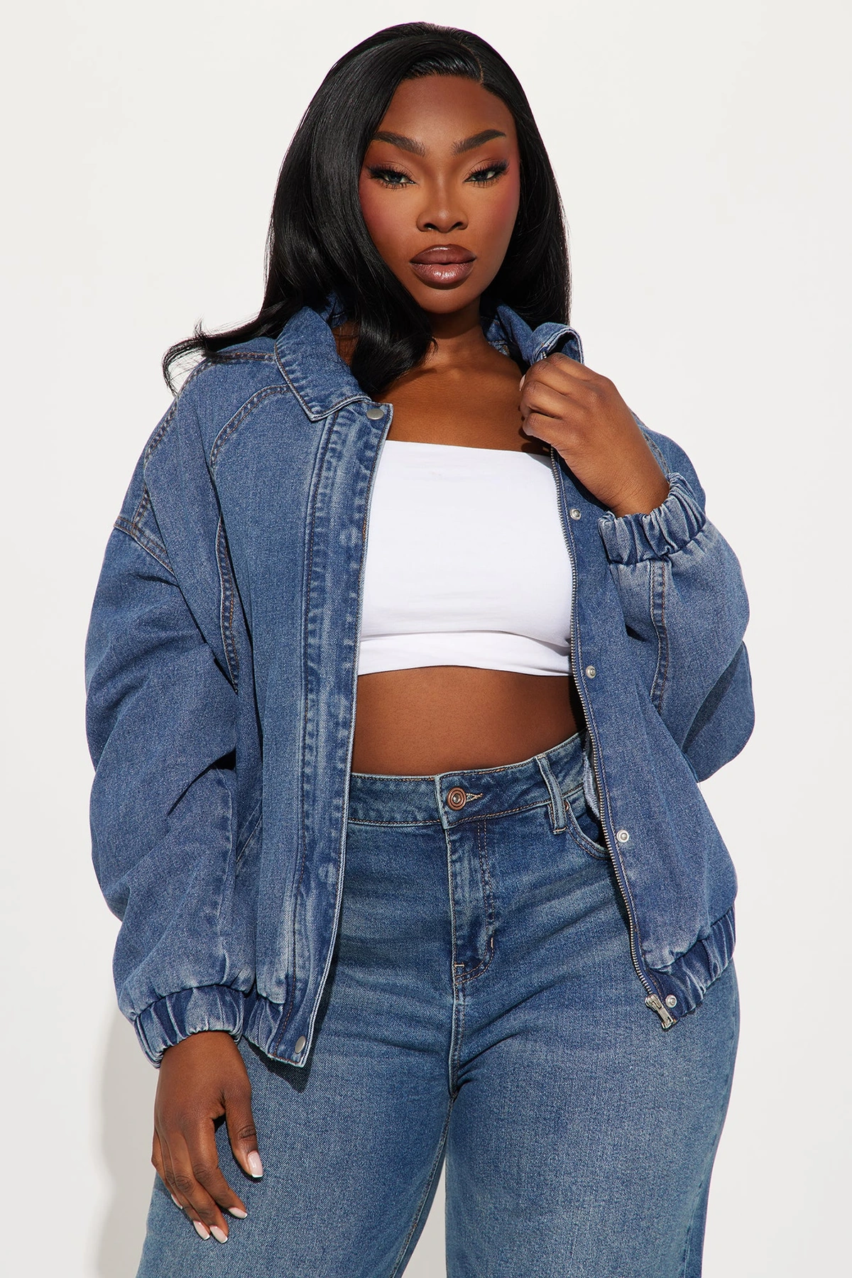 Such Big Talk Denim Bomber Jacket - Dark Wash — Ganga de lavagem escura
