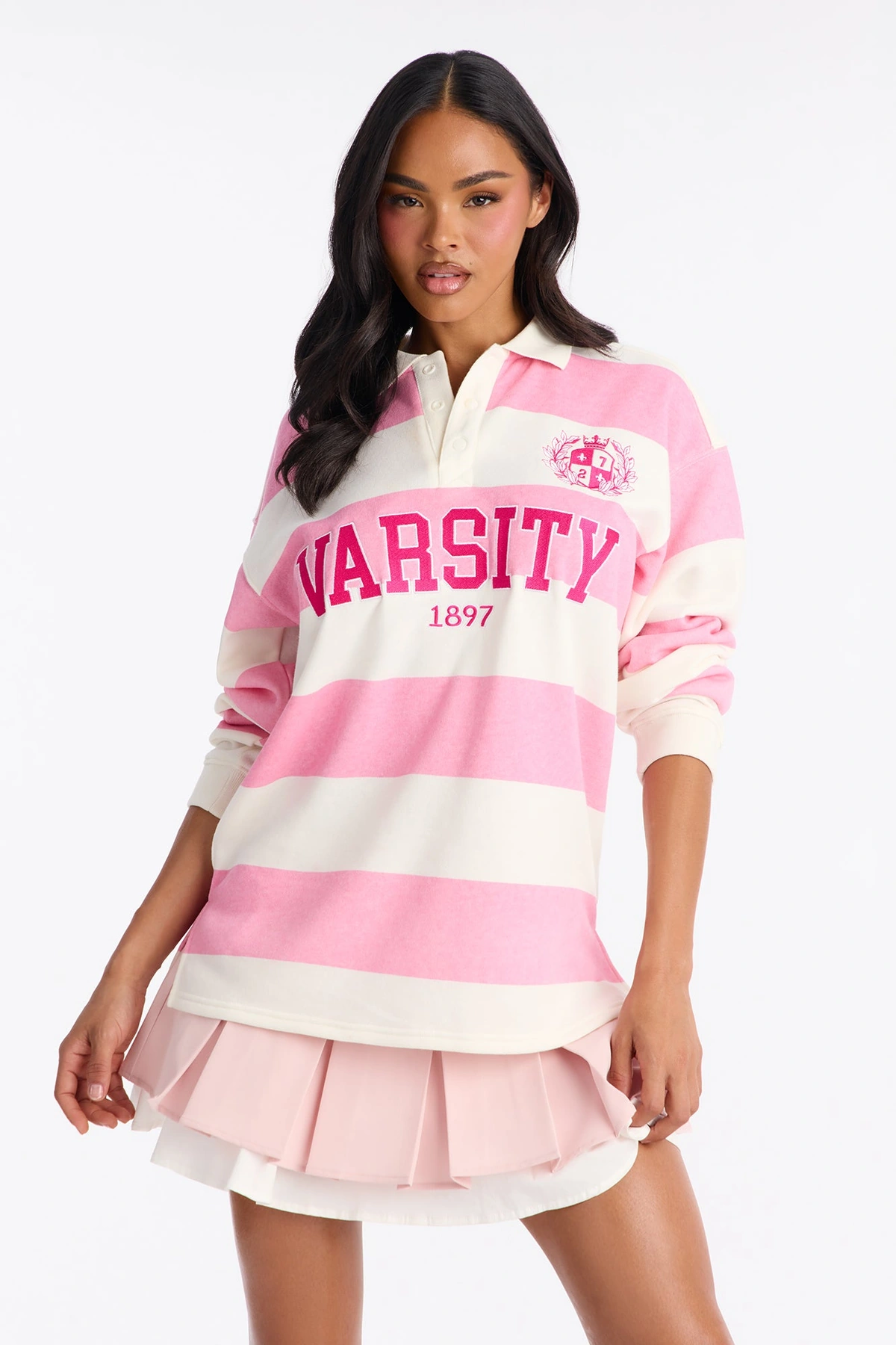 Varsity Striped Long Sleeve Polo - Pink — Rosa