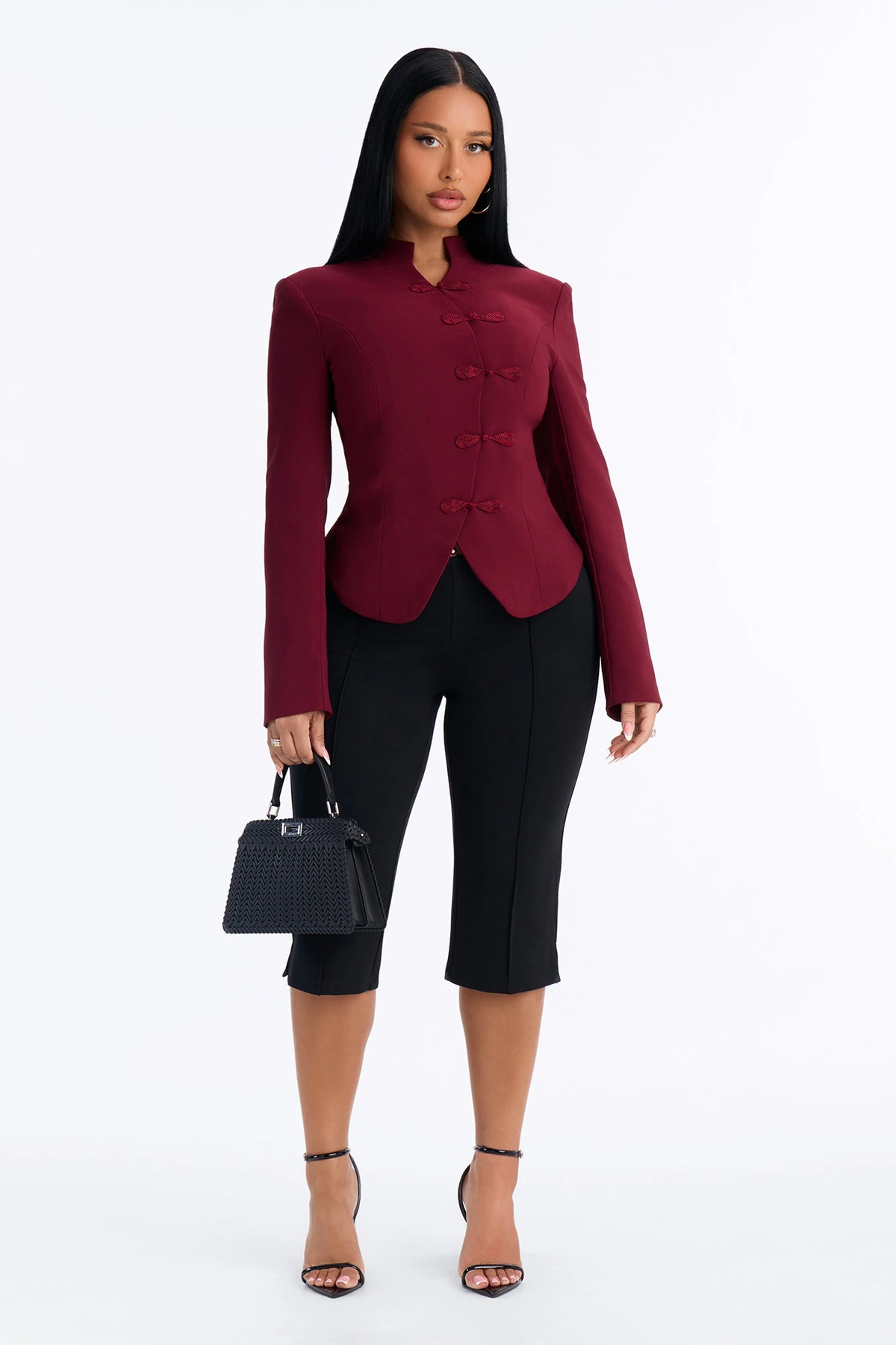 Daphne Frog Closure Peplum Blazer - Burgundy — Bordô