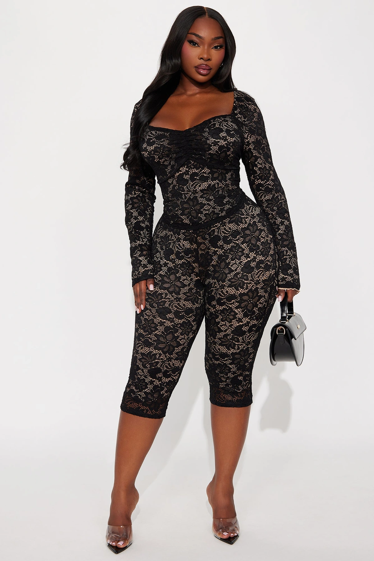 Victoria Lace Long Sleeve Capri Set - Black — Preto