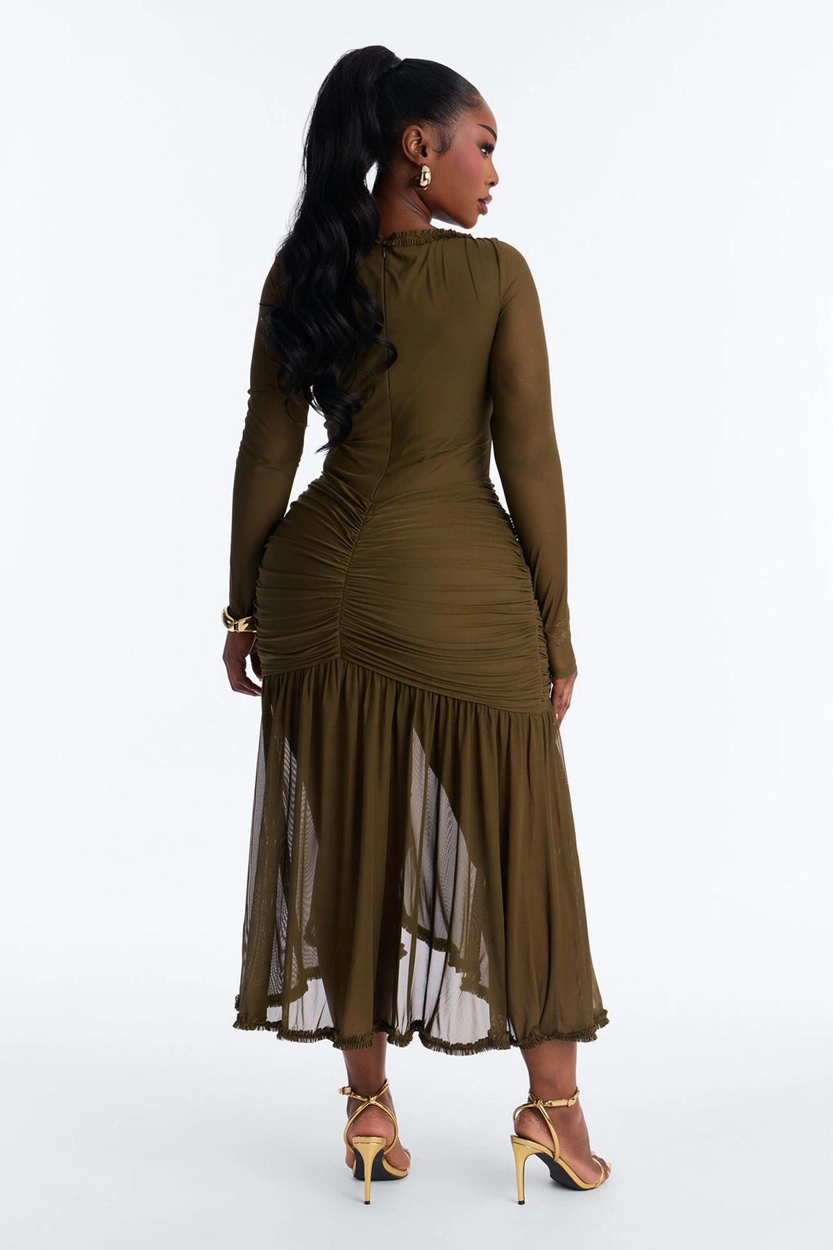 Mallory Ruffle Draped Mesh Midi Dress - Olive — Verde-azeitona