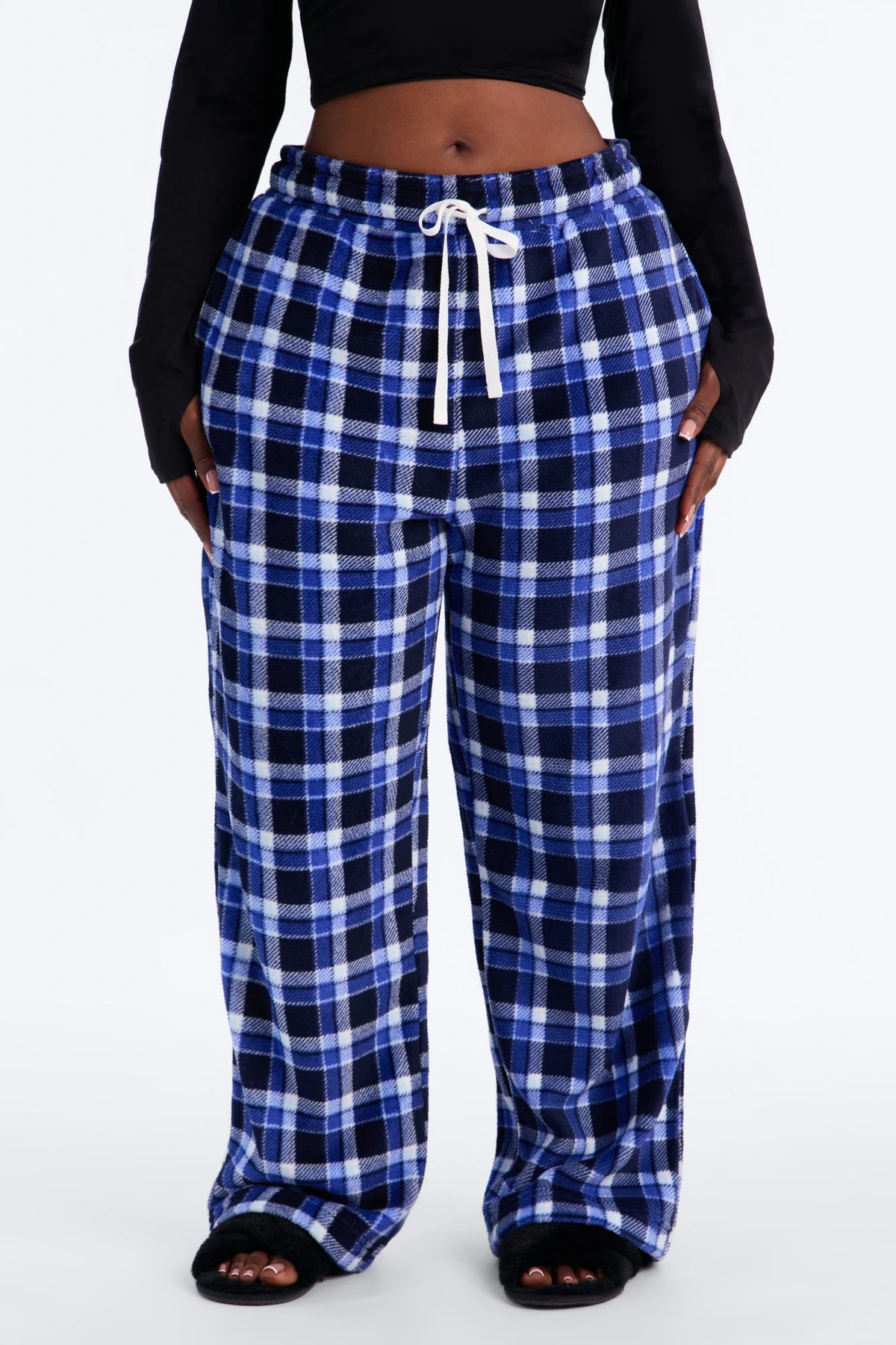 Chill Night Plaid Wide Leg Plush PJ Pant - Blue — Azul