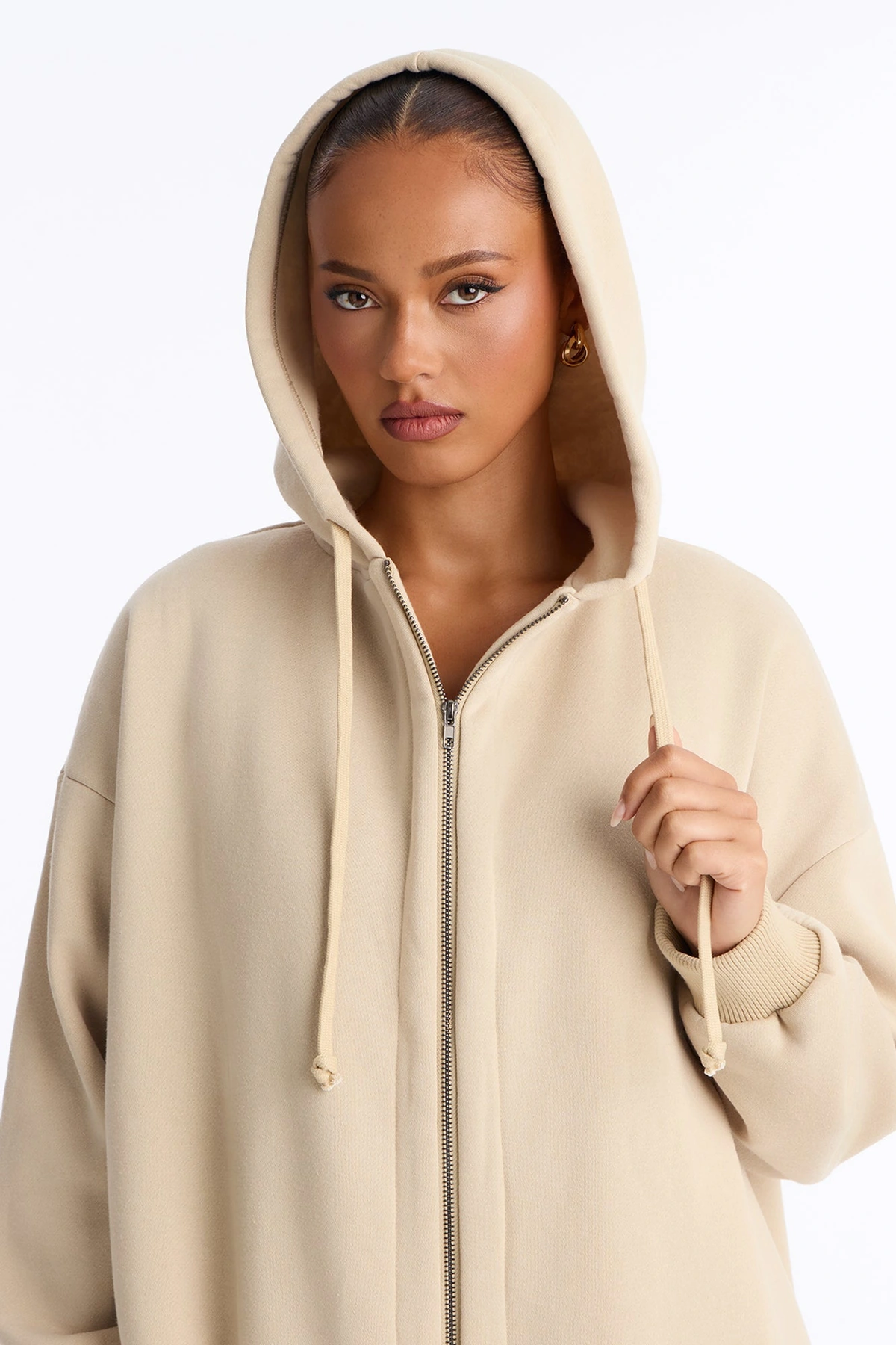Sunday Lounge Fleece Hooded Long Jacket - Taupe — Bege acinzentado