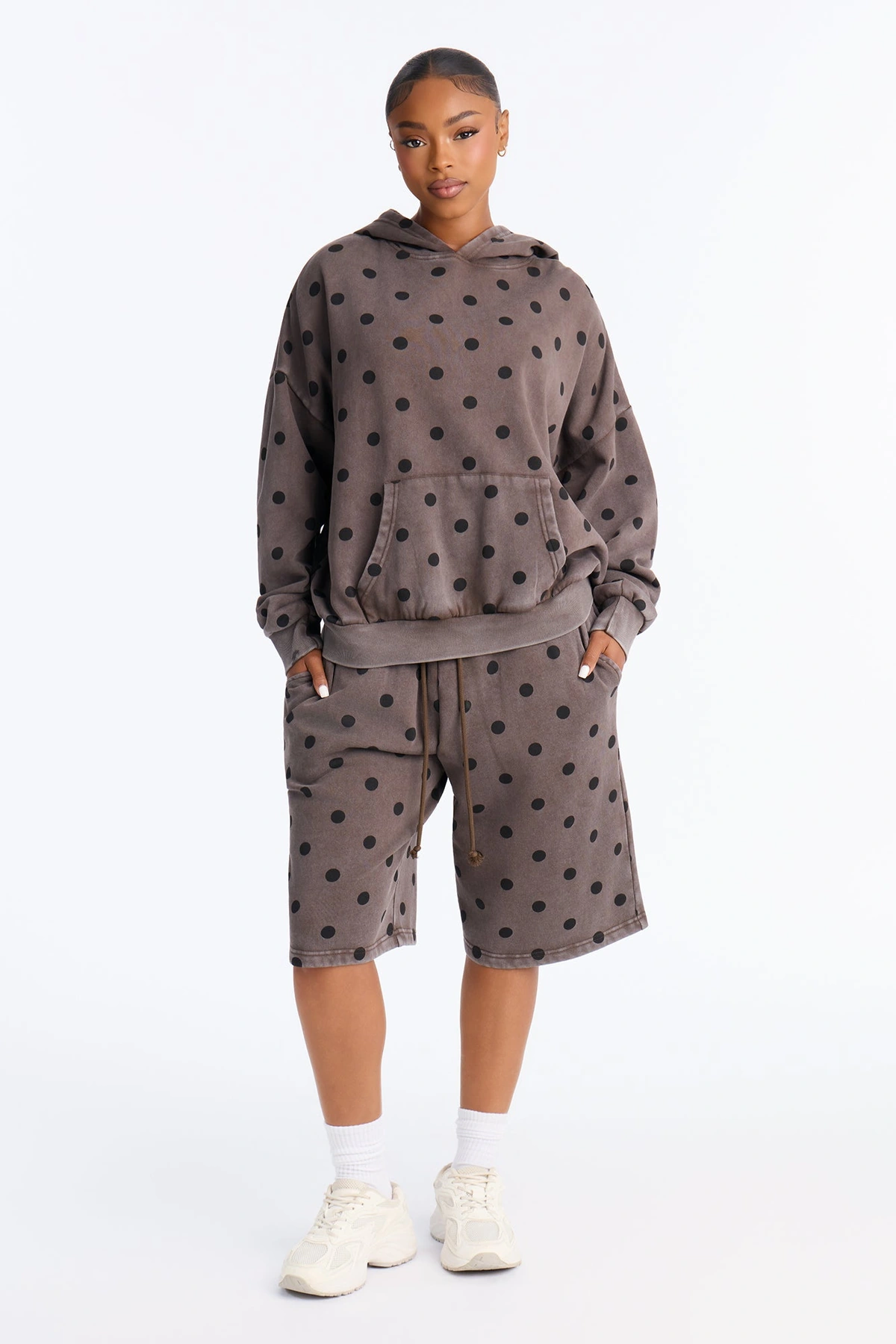 Taylor Polka Dot Washed Fleece Jort Set - Brown — Castanho