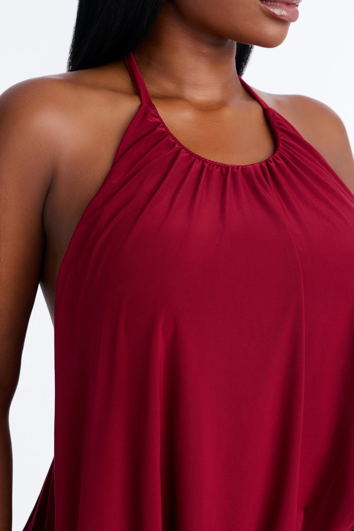 Selena Ruched Asymmetrical Halter Top - Wine — Vinho