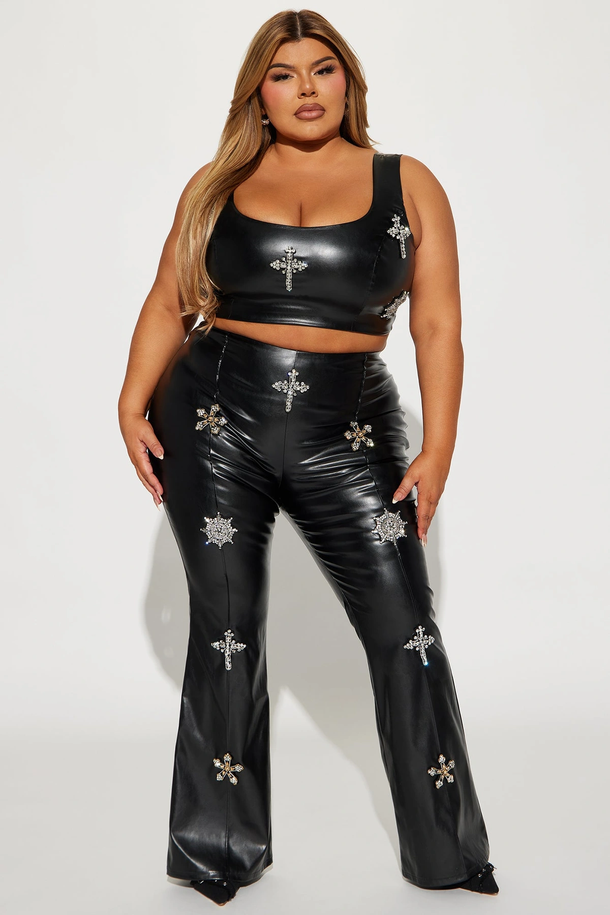 Rosalia Faux Leather Pant Set - Black — Preto