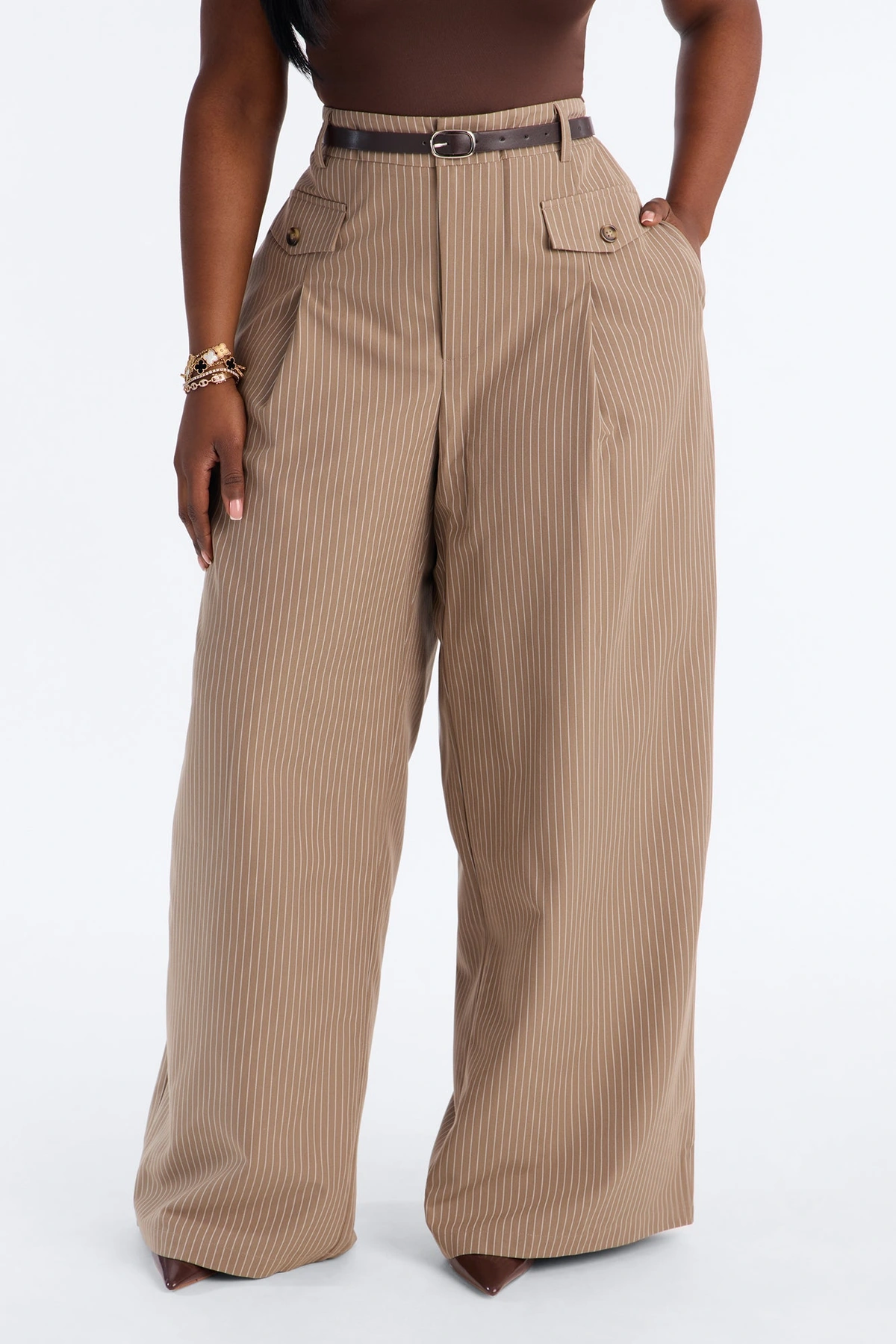 Maisie High Rise Belted Wide Leg Trouser - Taupe — Bege acinzentado