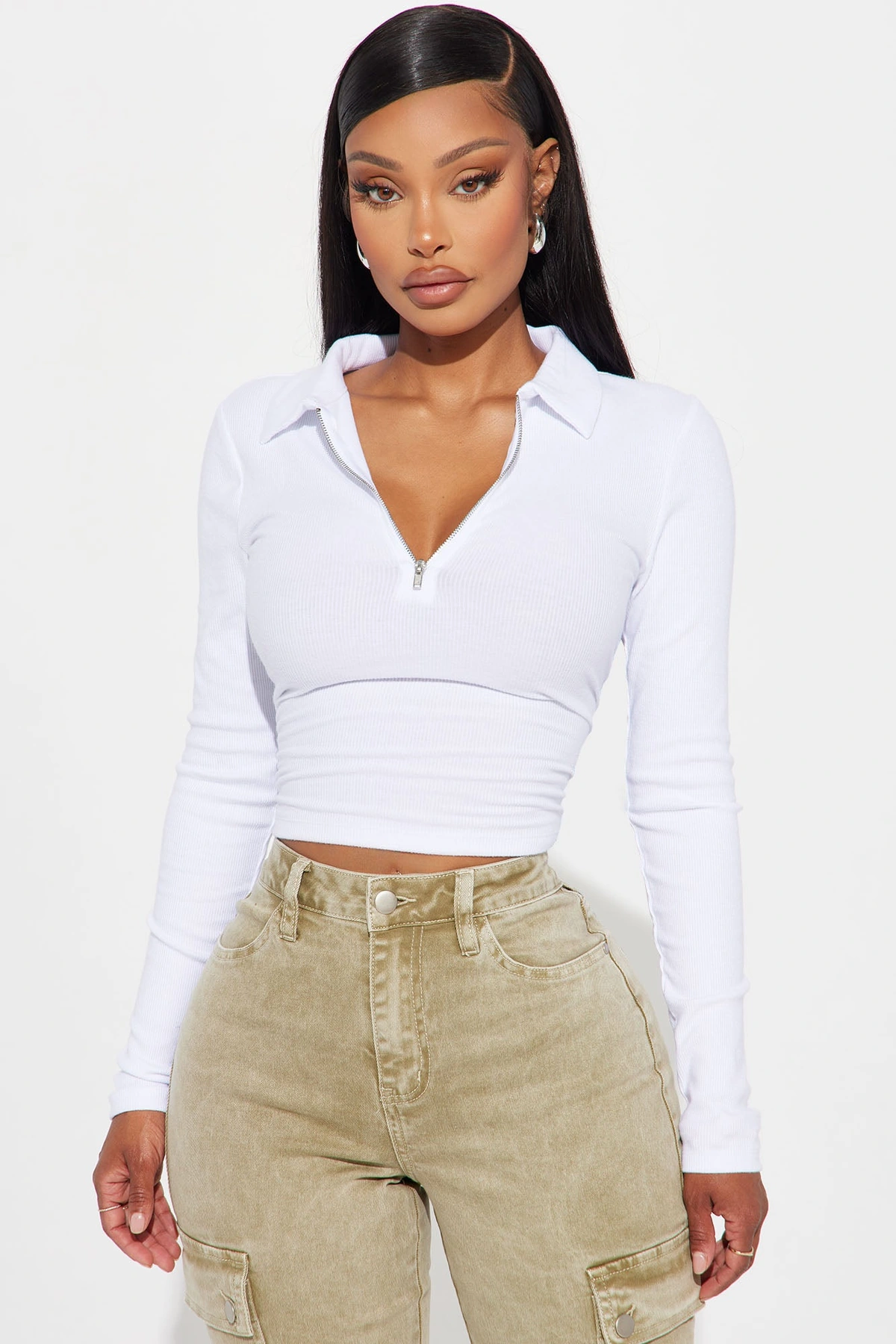 Camila Collared Ribbed Top - White — Branco