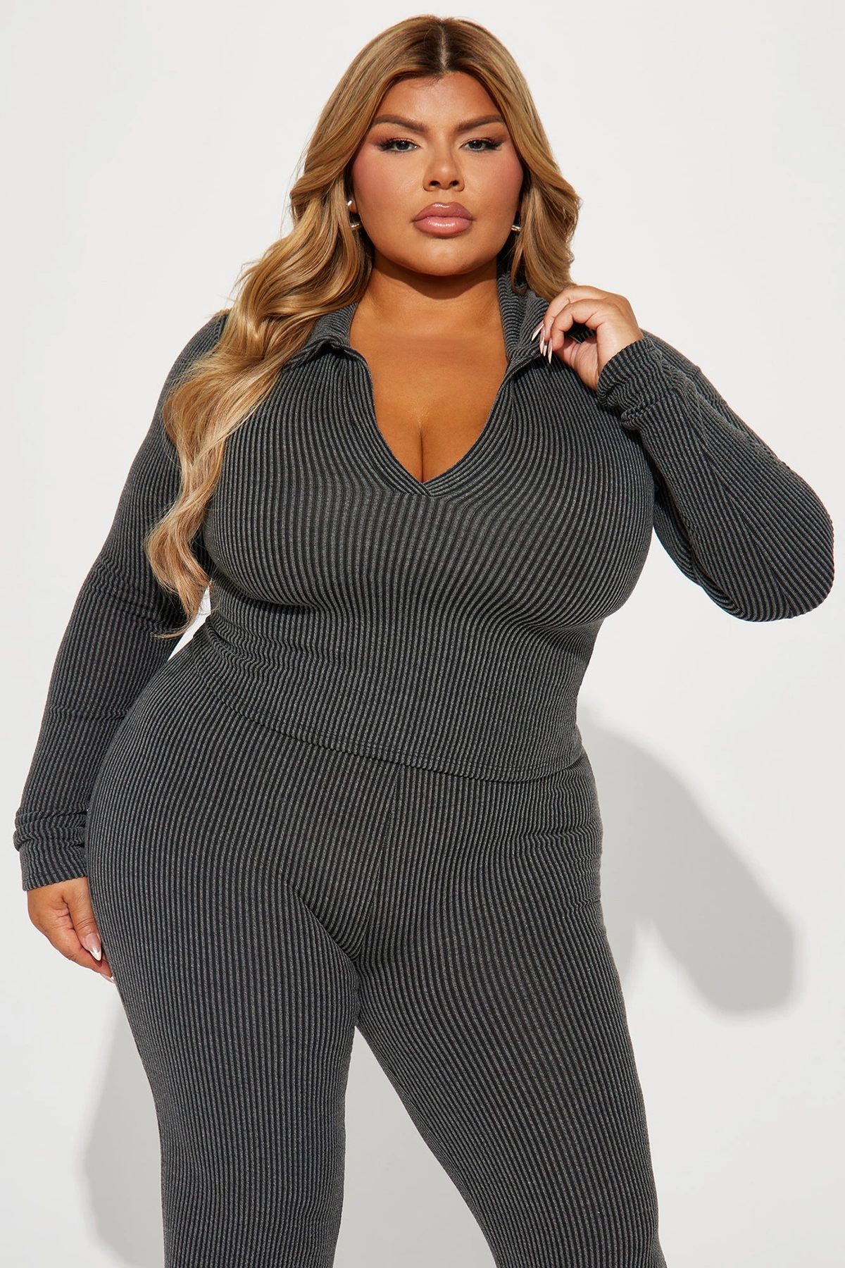 Josie Ribbed Long Sleeve Set - Charcoal — Cinzento-escuro